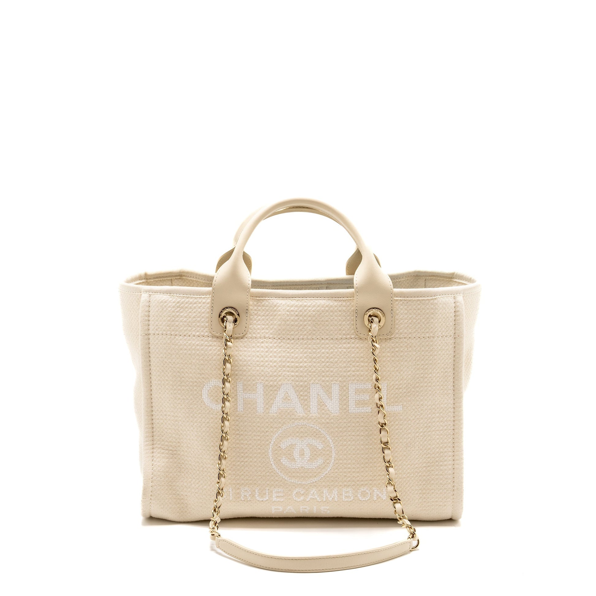 Chanel Deauville Shopping Calfskin Fabric Light LGHW Beige Small Tote Bag