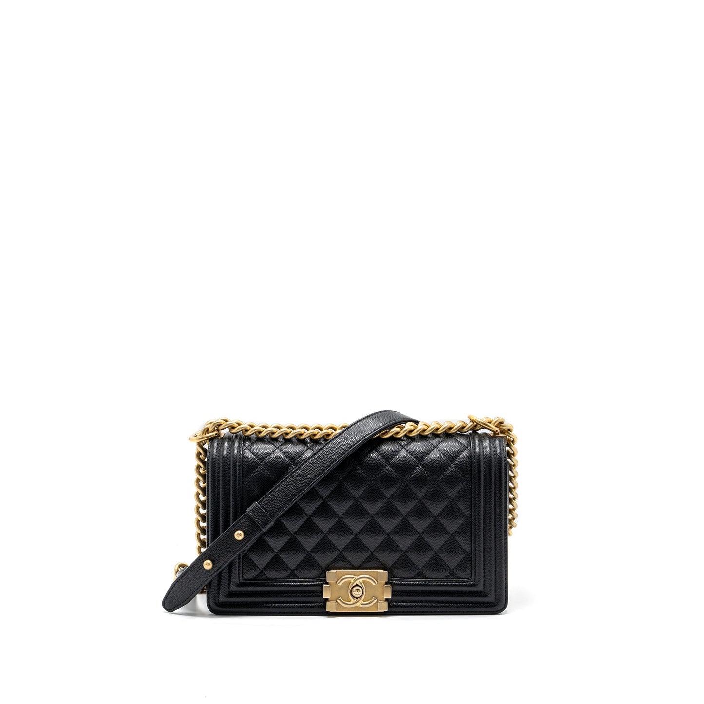 Chanel Classic Boy Caviar GHW Black Green Handbag