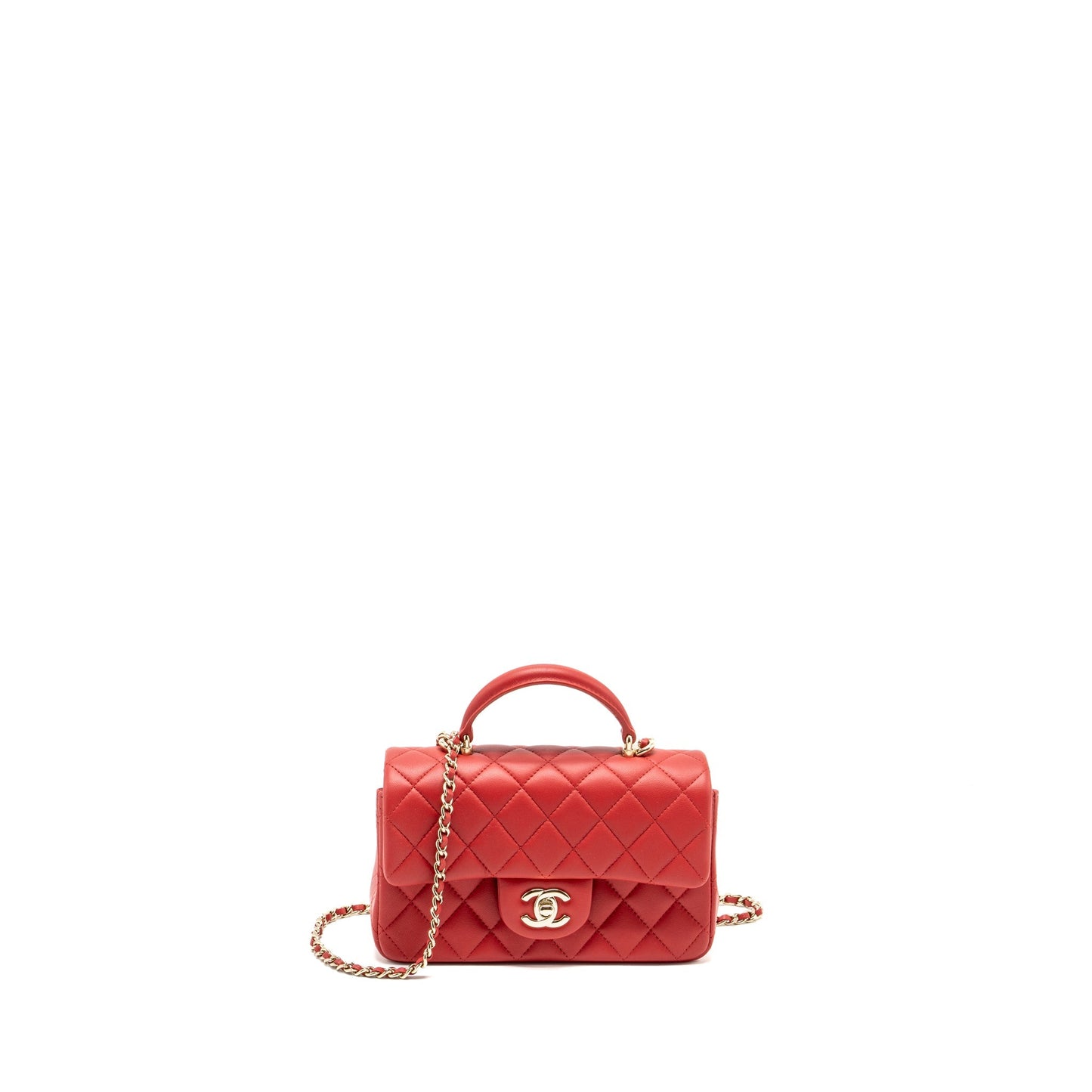Chanel Top Handle Rectangular Flap Lambskin LGHW Red Shoulder Bag