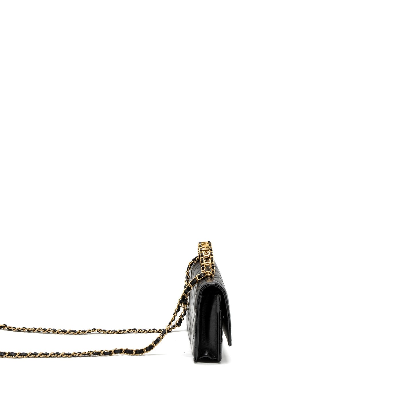 Chanel Detail Top Handle On Lambskin Brushed Black Wallet Case