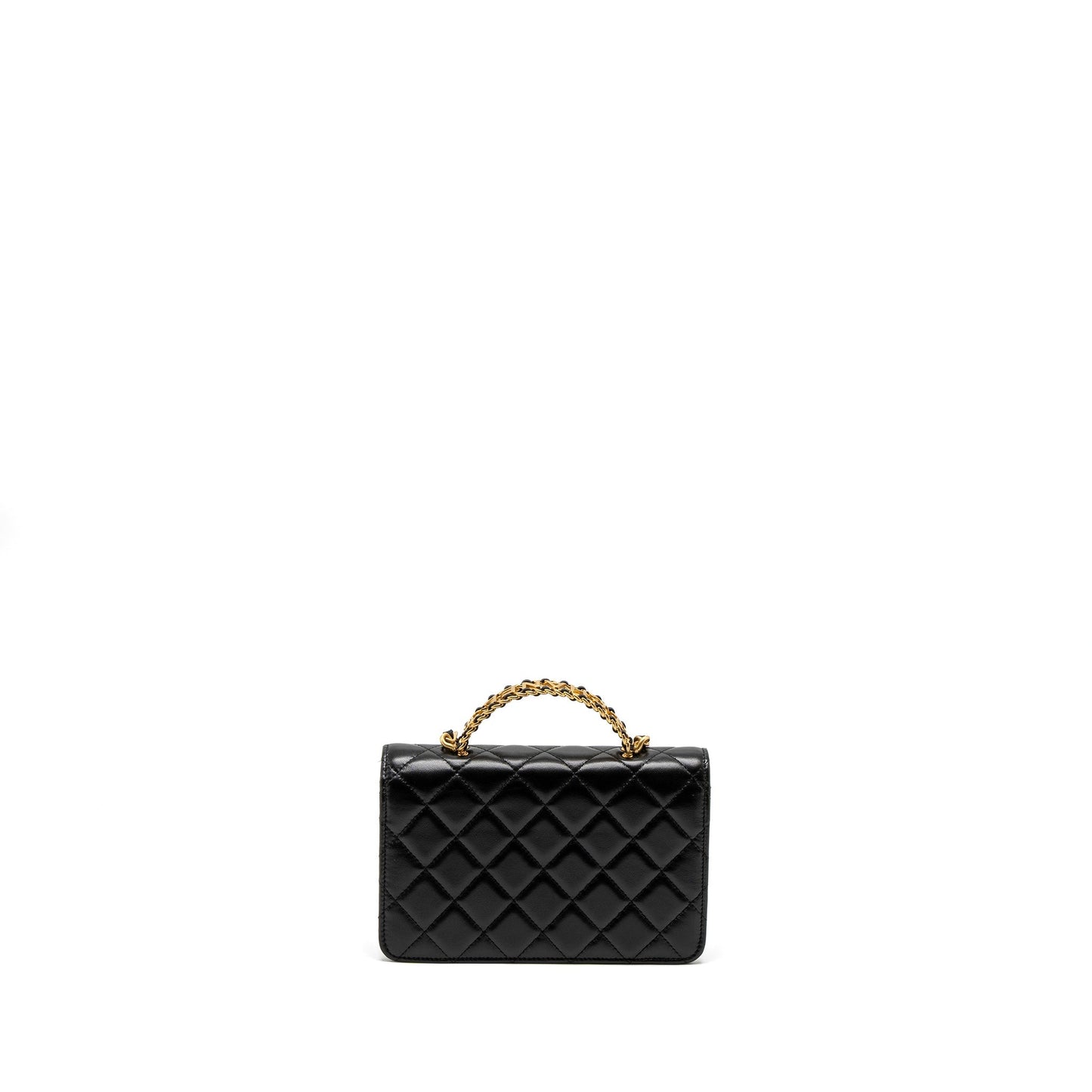 Chanel Detail Top Handle On Lambskin Brushed Black Wallet Case