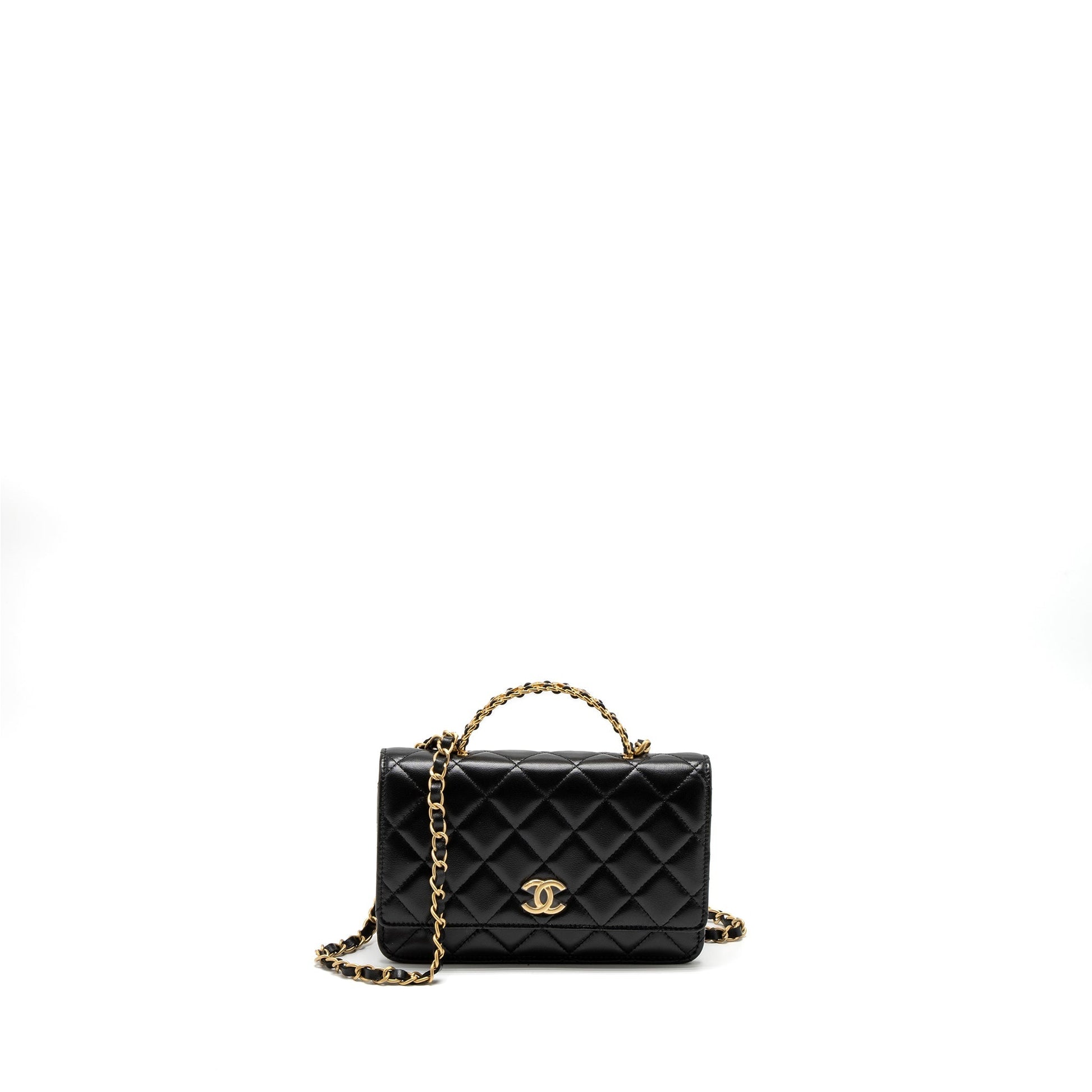 Chanel Detail Top Handle On Lambskin Brushed Black Wallet Case