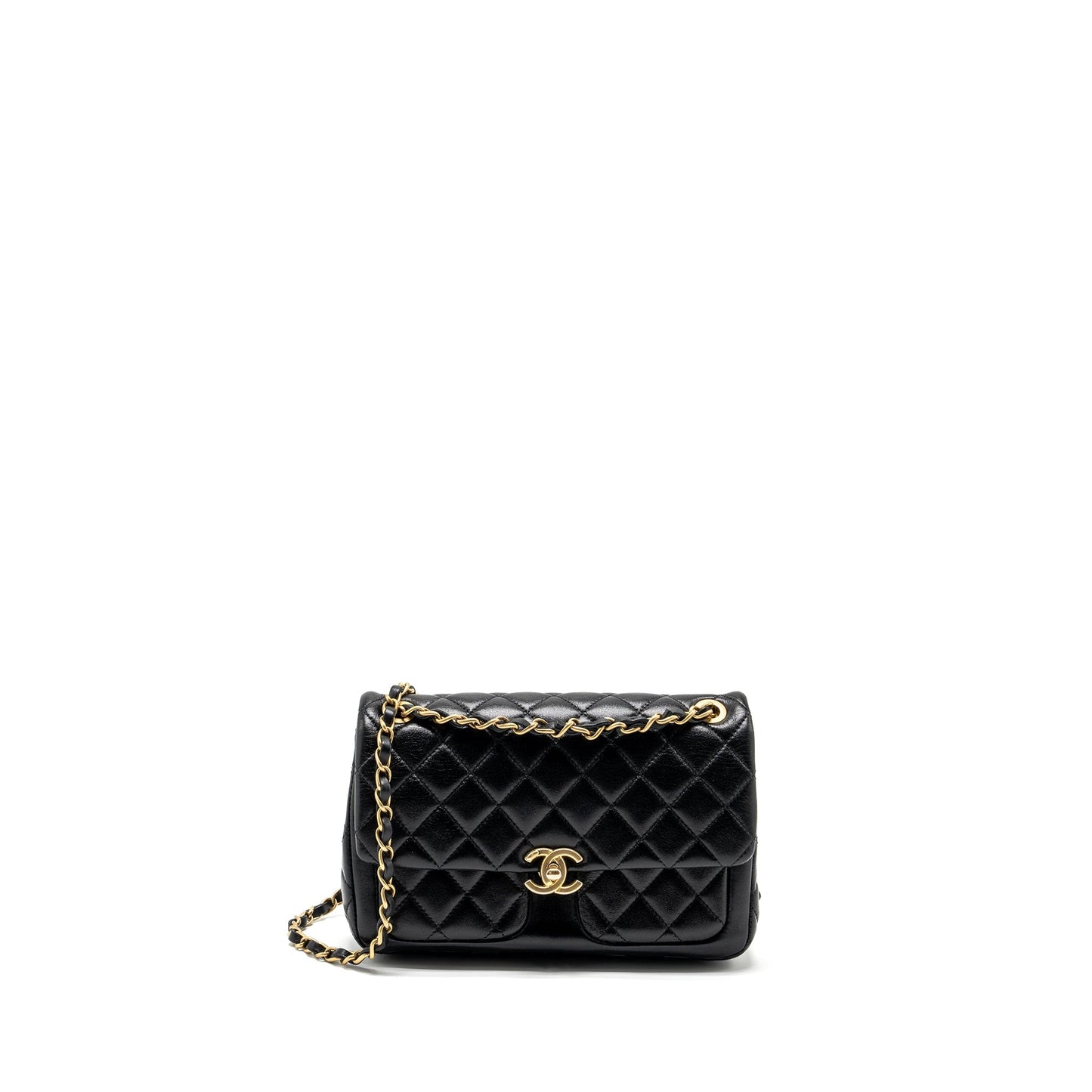 Chanel Quilted Flap Lambskin GHW Microchip Black Shoulder Bag