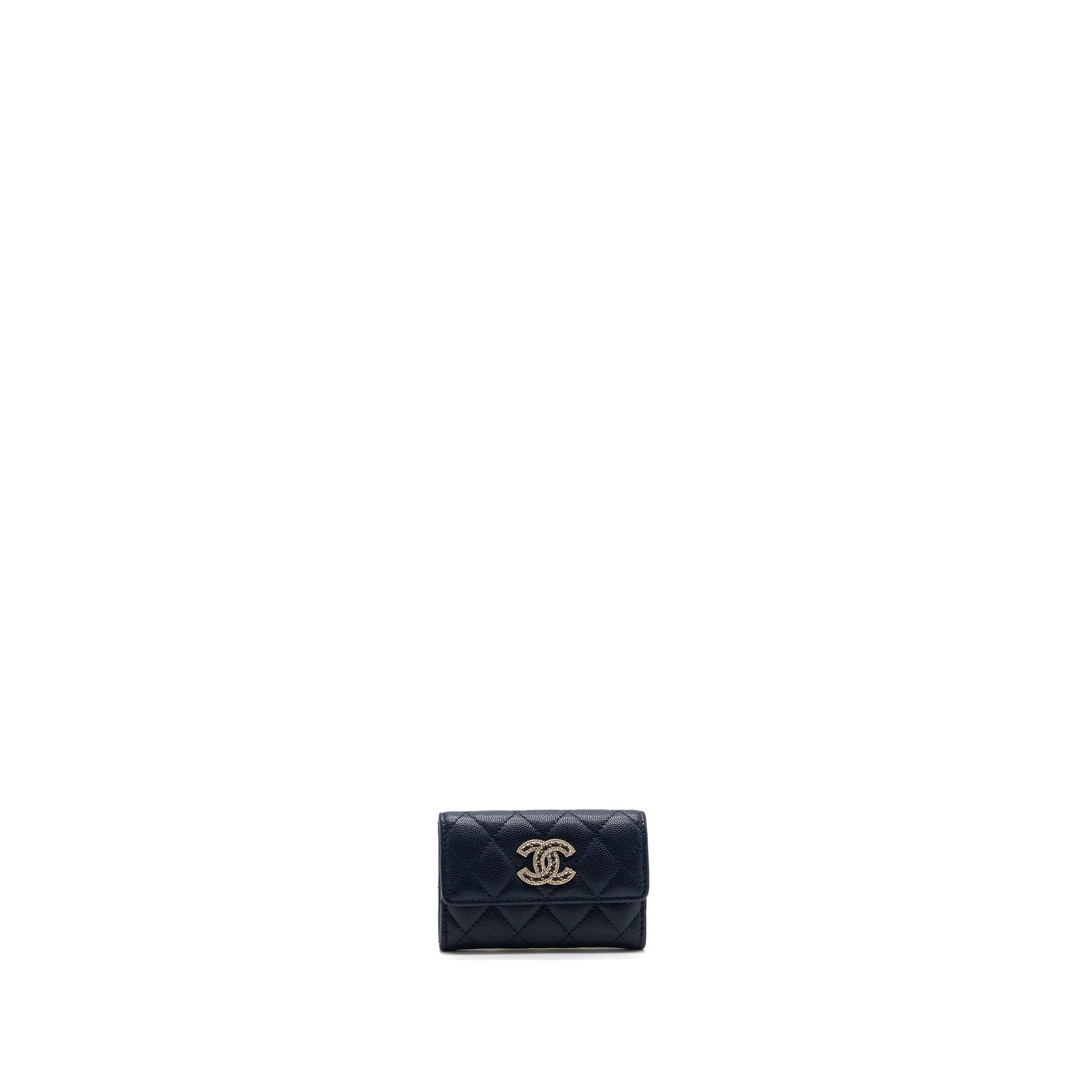 Chanel detailed giant logo Card holder caviar Blue Wallet Case