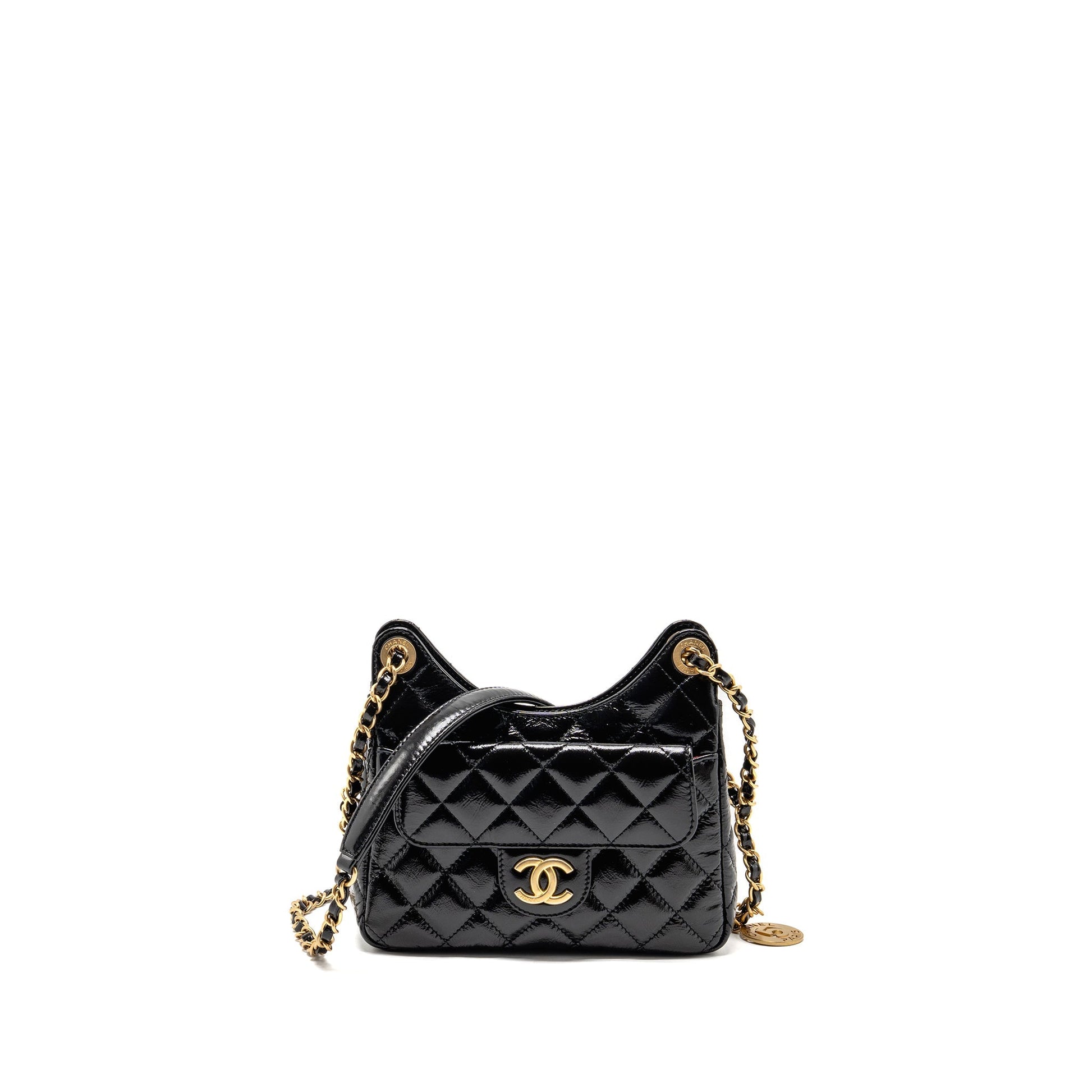 Chanel 23C Hobo Shiny Calfskin Brushed GHW Black Small Shoulder Bag Microchip 1