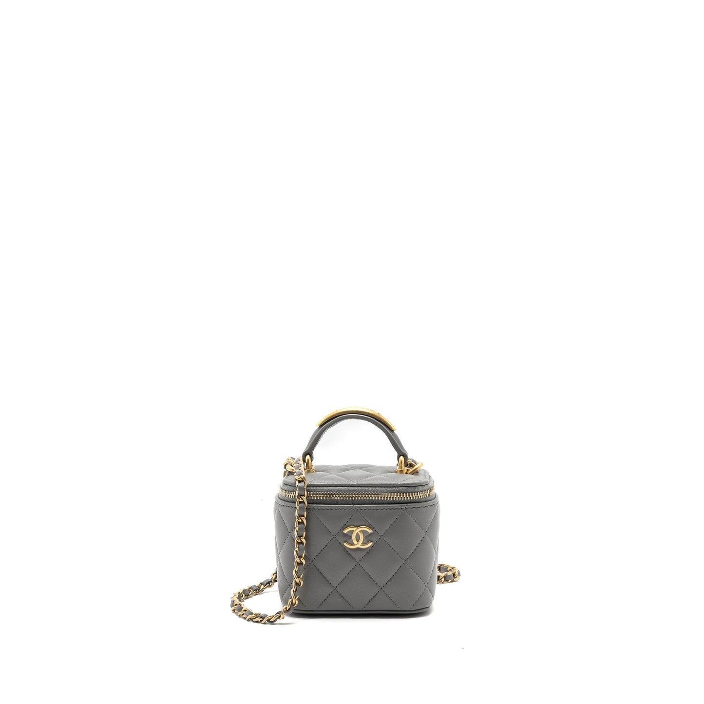 Chanel Top Handle Vanity Lambskin GHW Microchip Grey Mini Bag