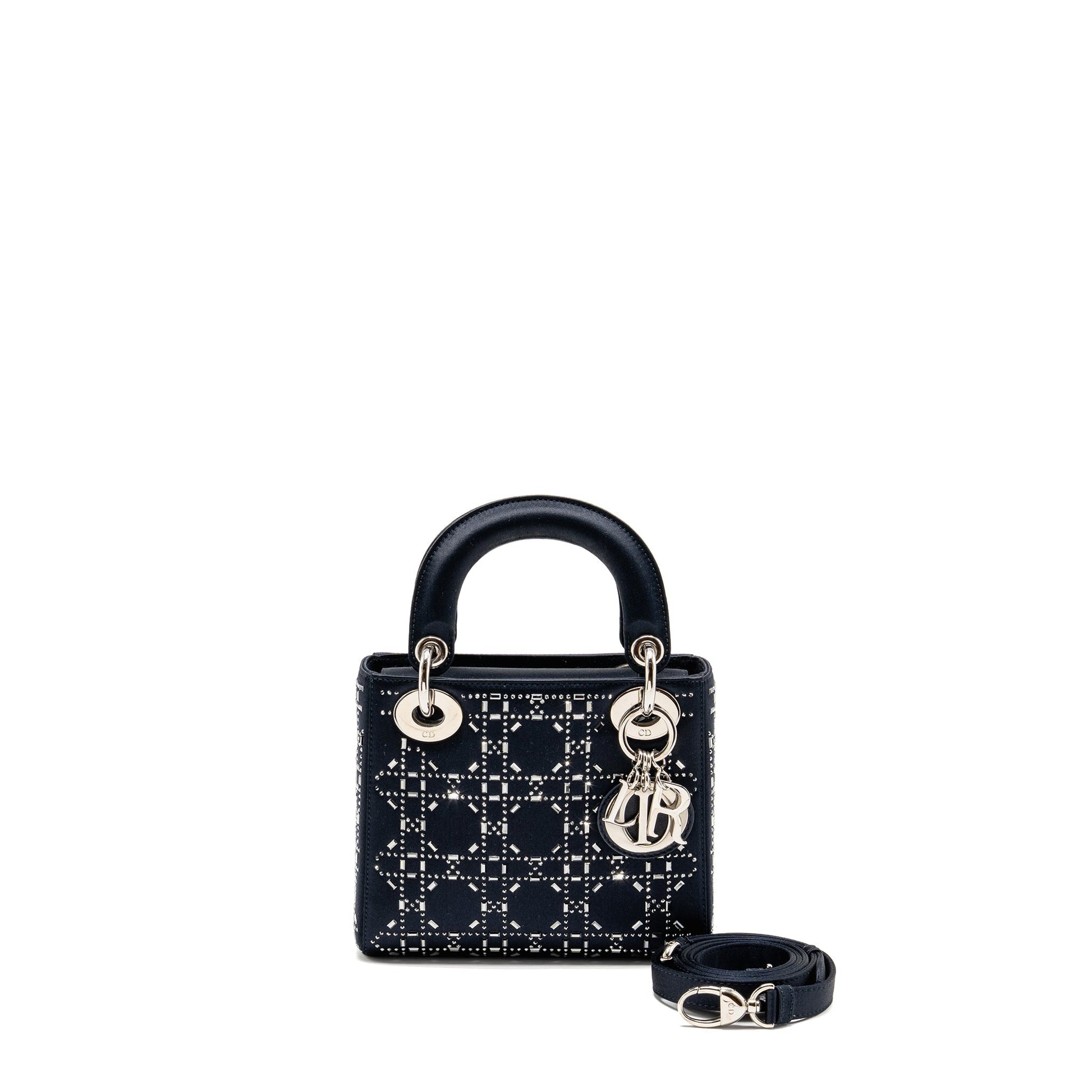 Dior Lady Crystal Dark Handbag Satin Blue Travel Bag