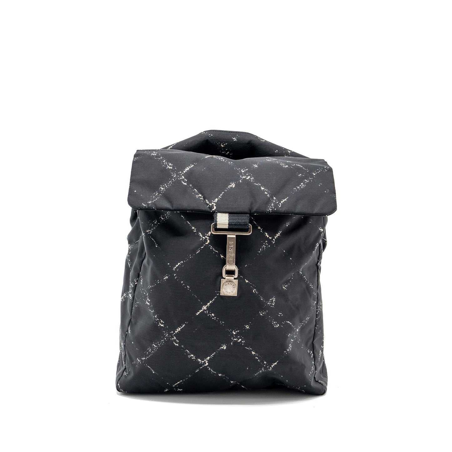 Chanel Line Check Nylon Backpack Ruthenium Hardware Black White Travel Bag