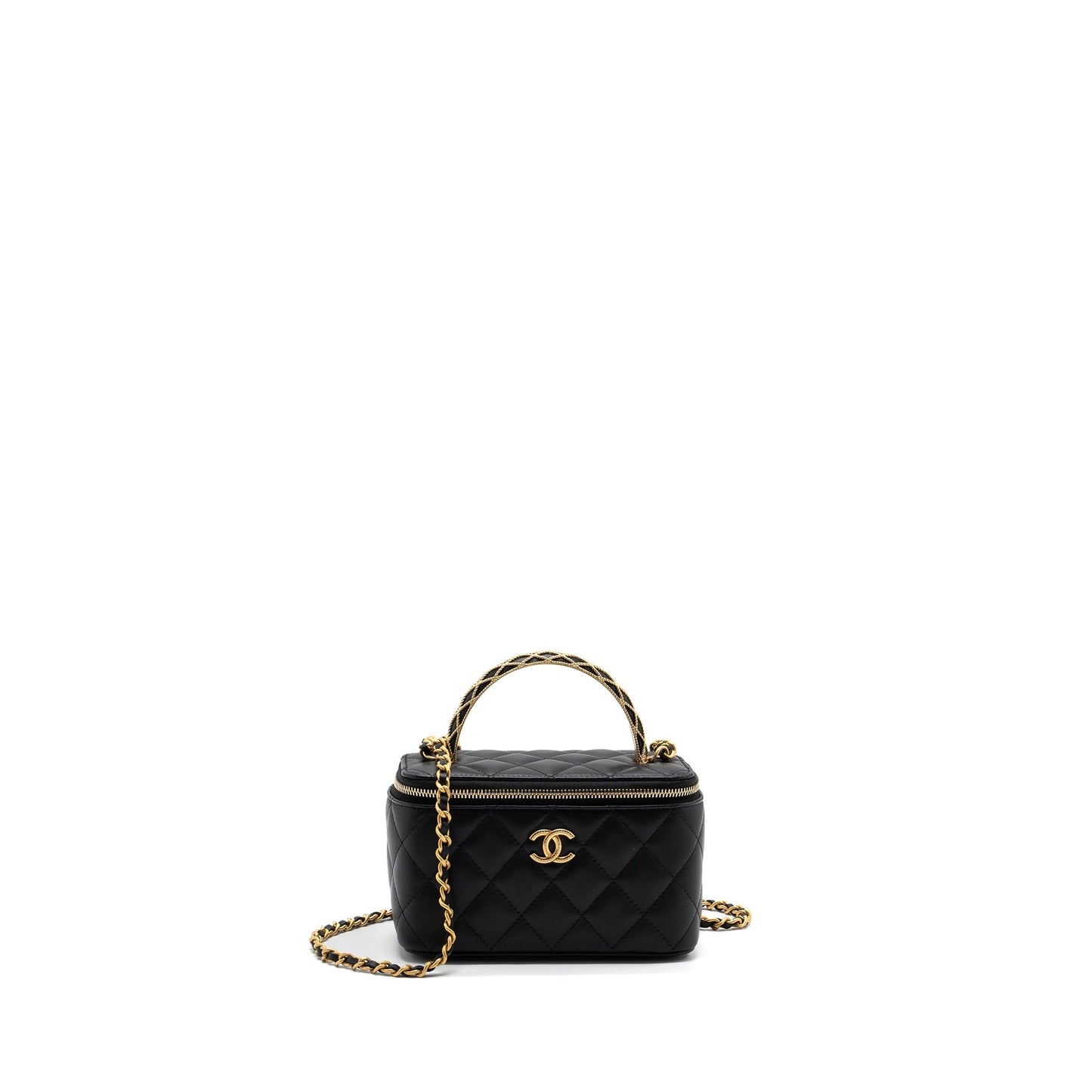 Chanel Detail Top Handle Long Vanity Chains Black Handbag