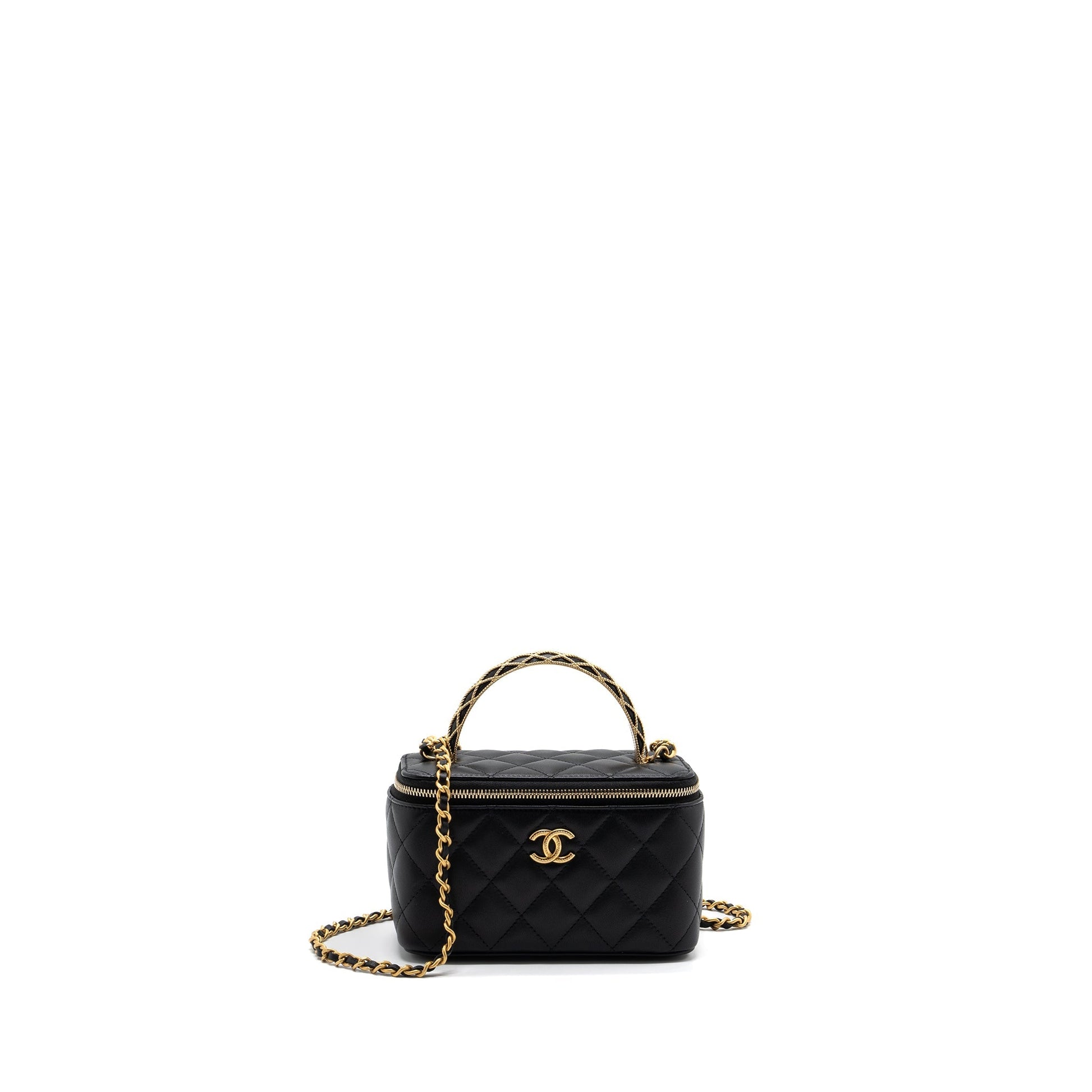 Chanel Detail Top Handle Long Vanity Chains Black Handbag