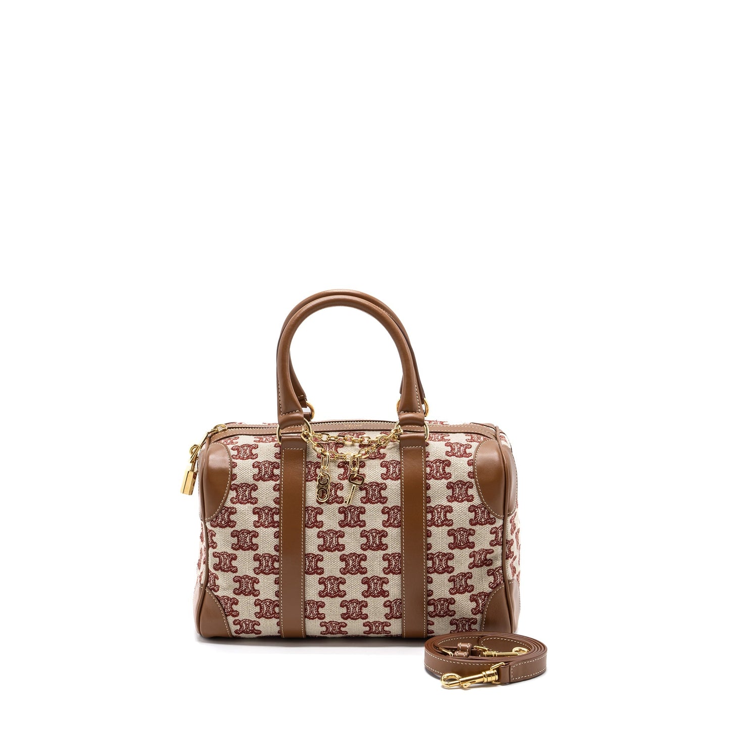 Celine Boston Textile Triomphe Fox Handbag Red Small Travel Bag