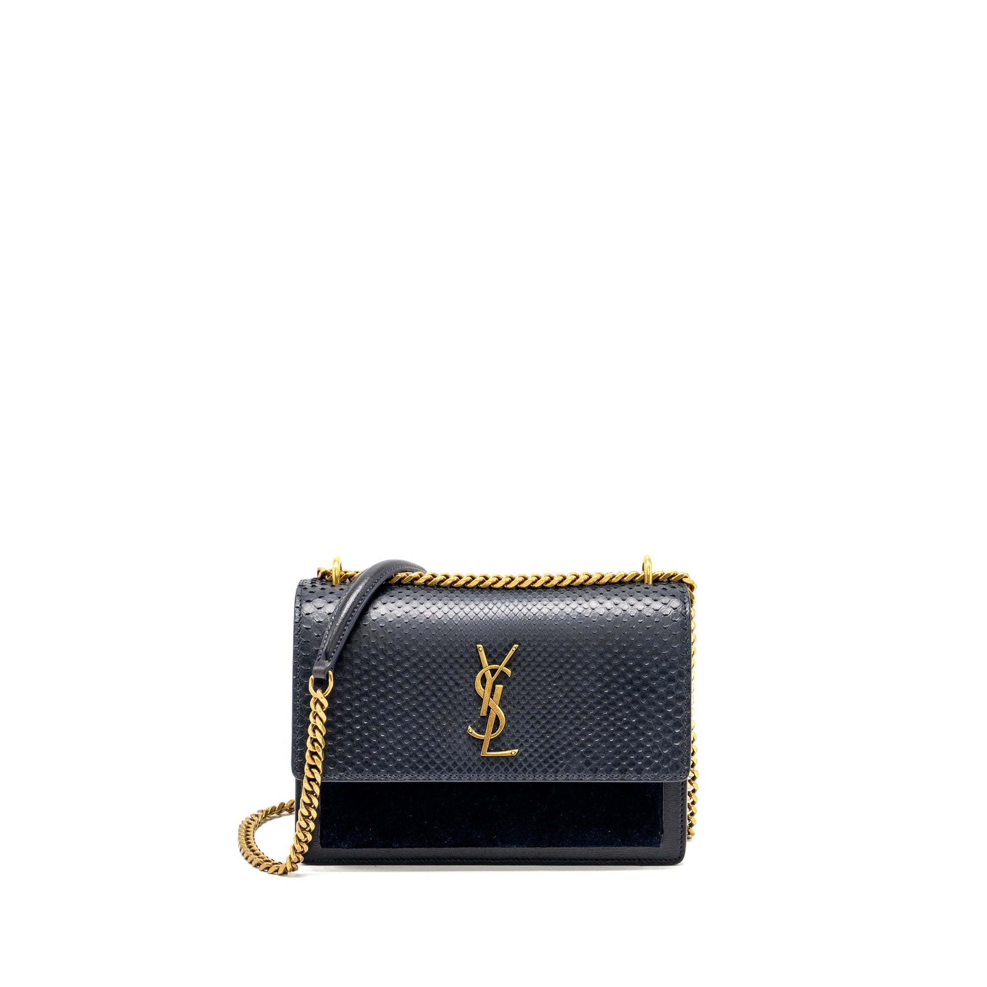 YSL Saint Laurent Sunset Purse Python Navy Travel Bag Suede