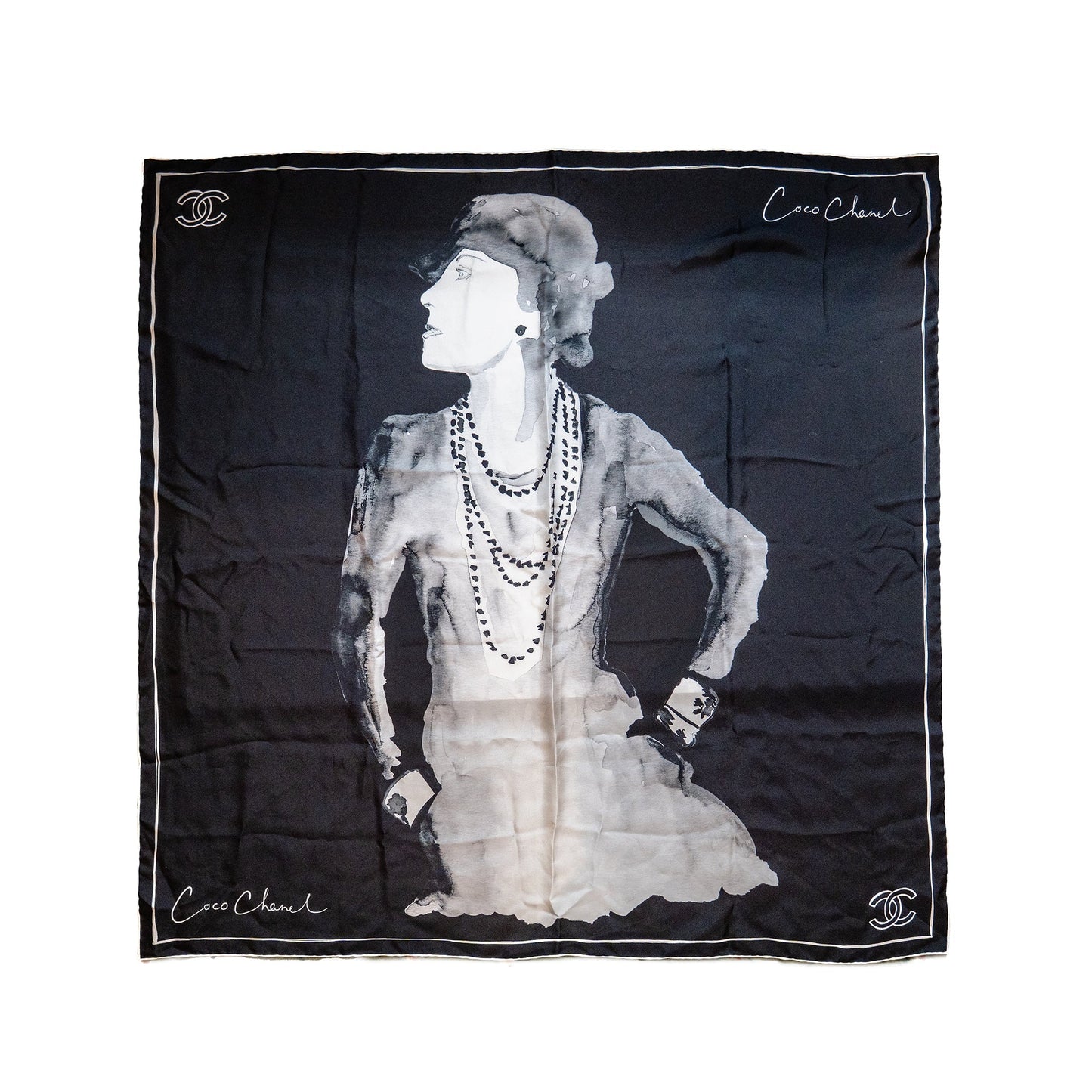 Chanel 90x90cm Coco Silk Scarf Black White