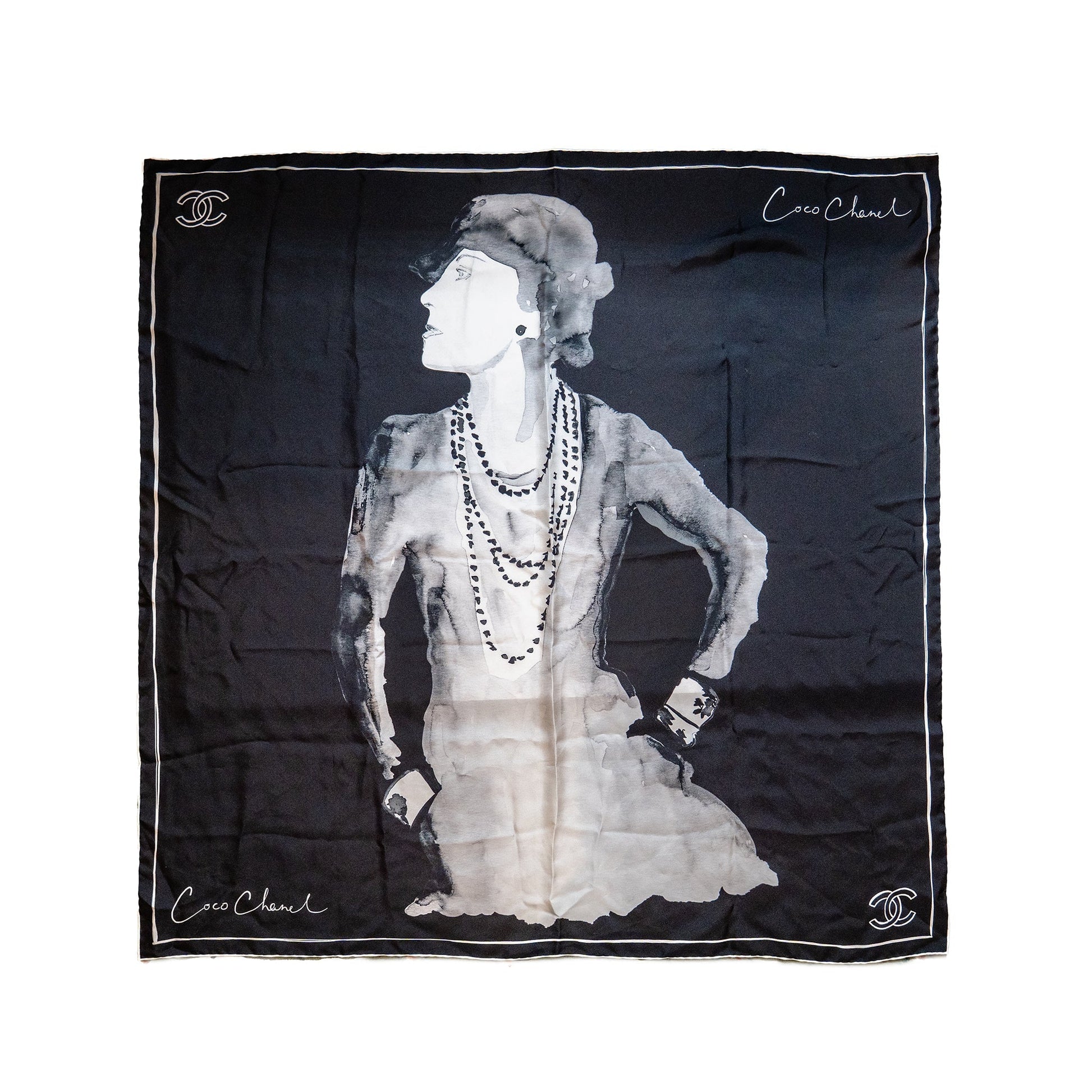 Chanel 90x90cm Coco Silk Scarf Black White