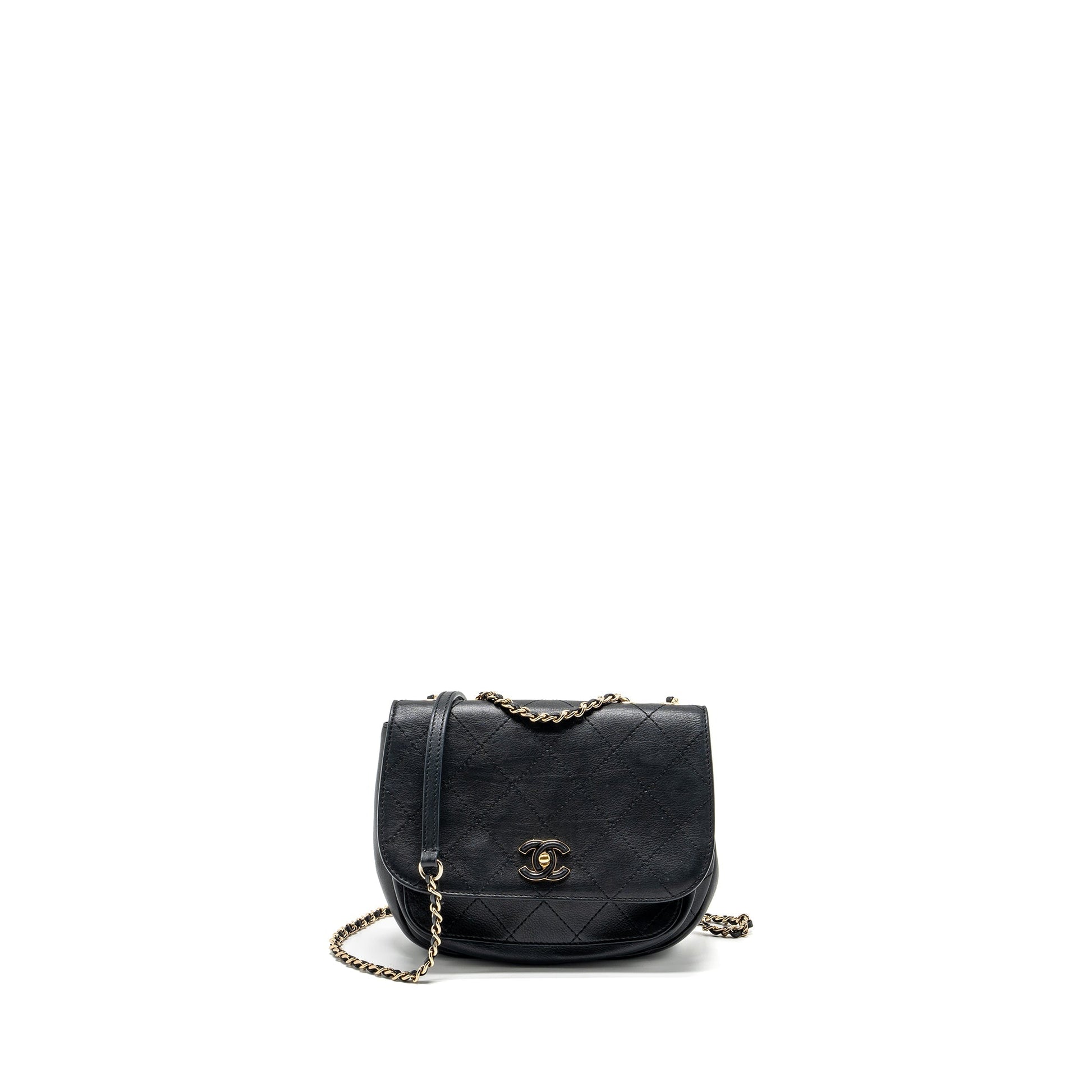 Chanel half moon quilted flap Grained Calfskin Black Shoulder Bag
