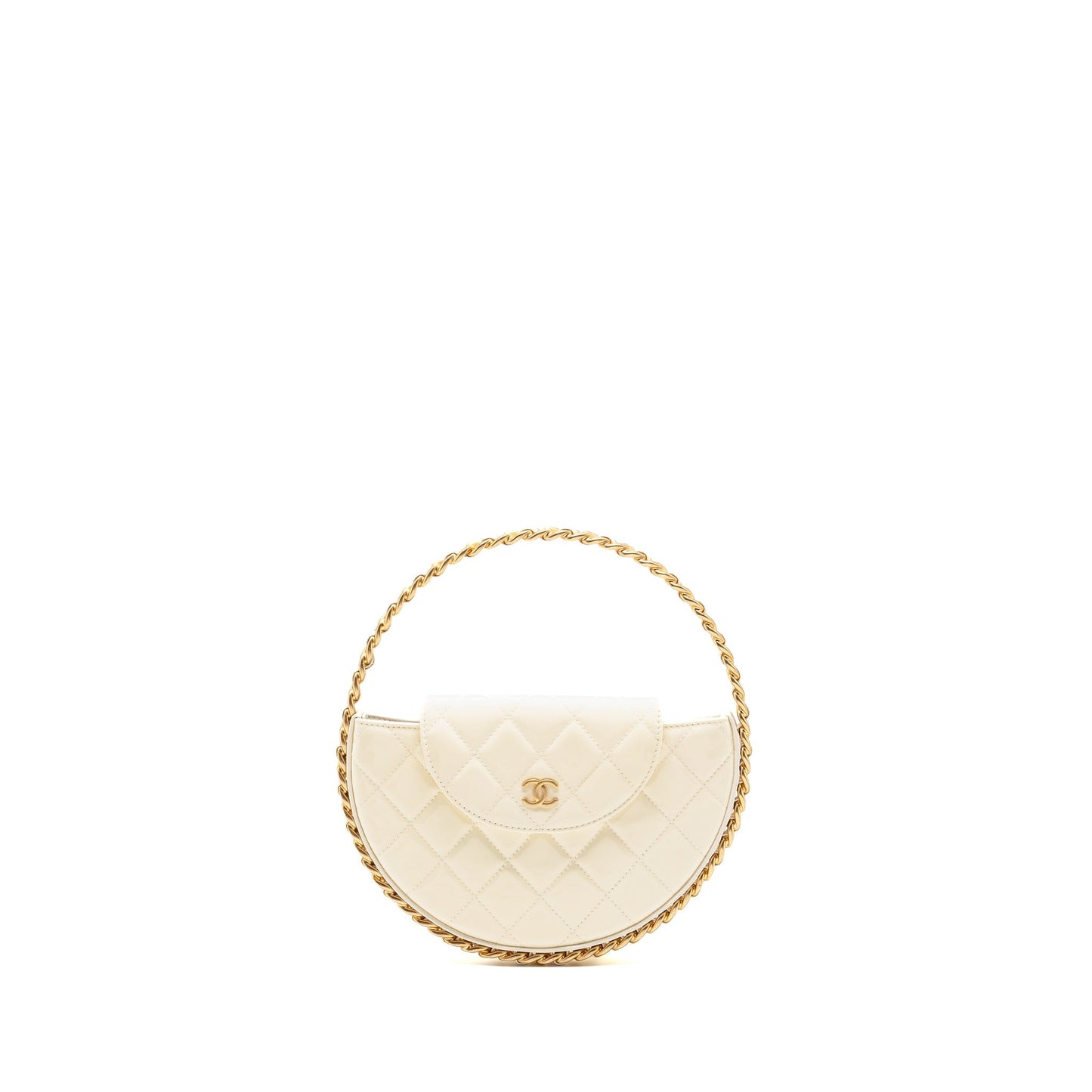 Chanel round patent GHW microchip White Leather Clutch Bag