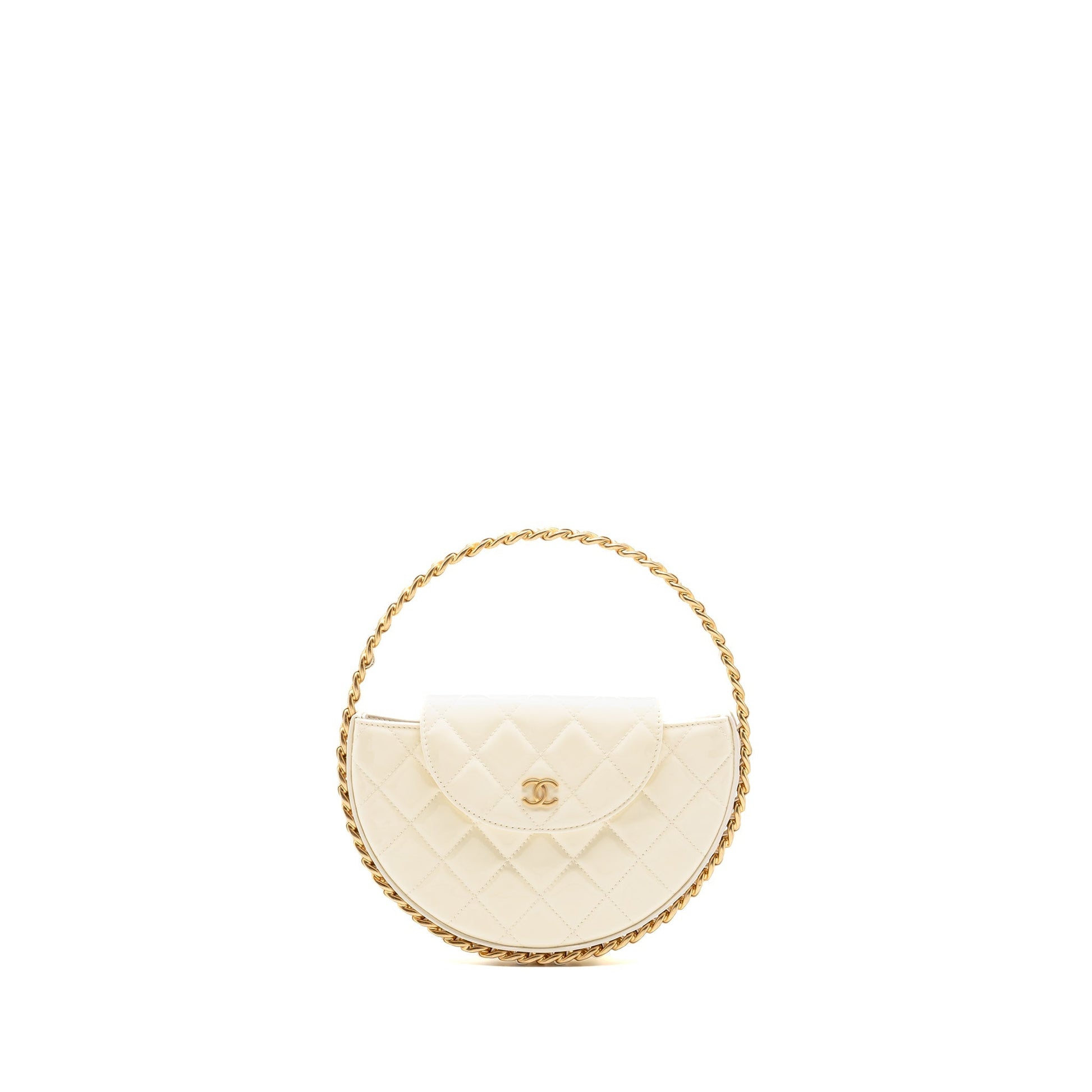 Chanel round patent GHW microchip White Leather Clutch Bag
