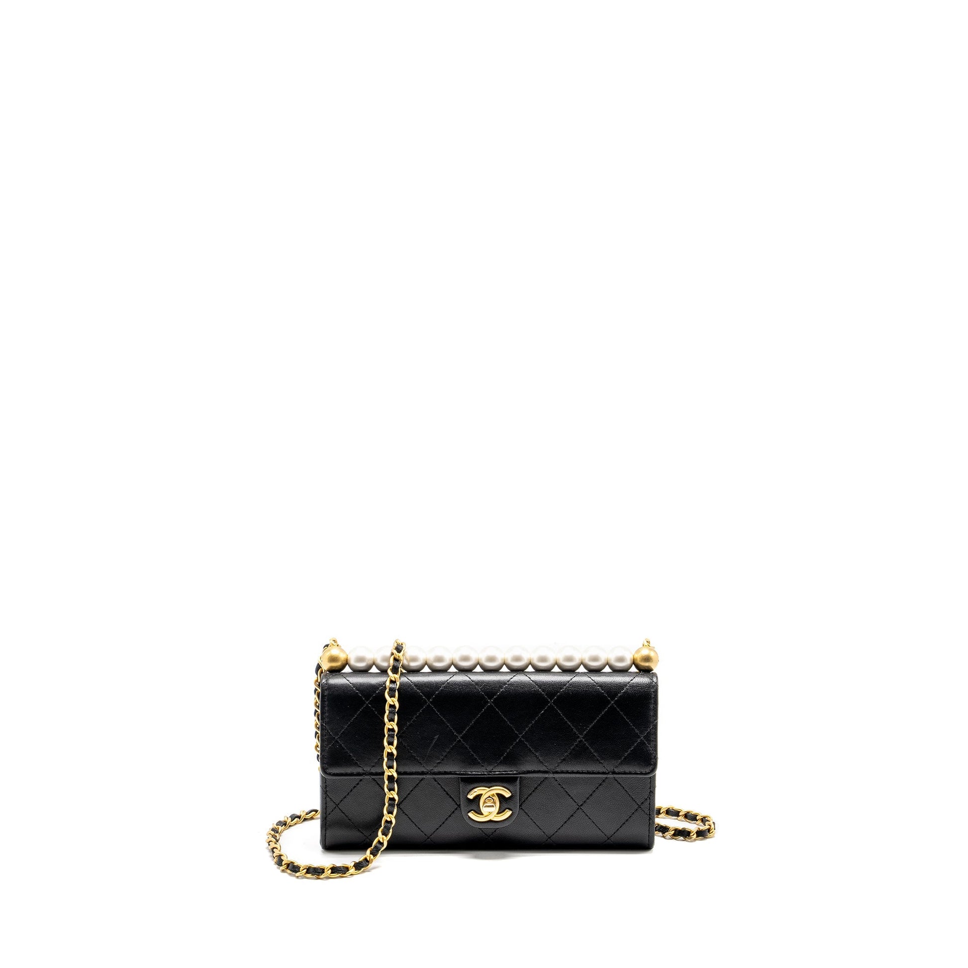 Chanel Quilted Pearl Long on Goatskin GHW Black Wallet Case