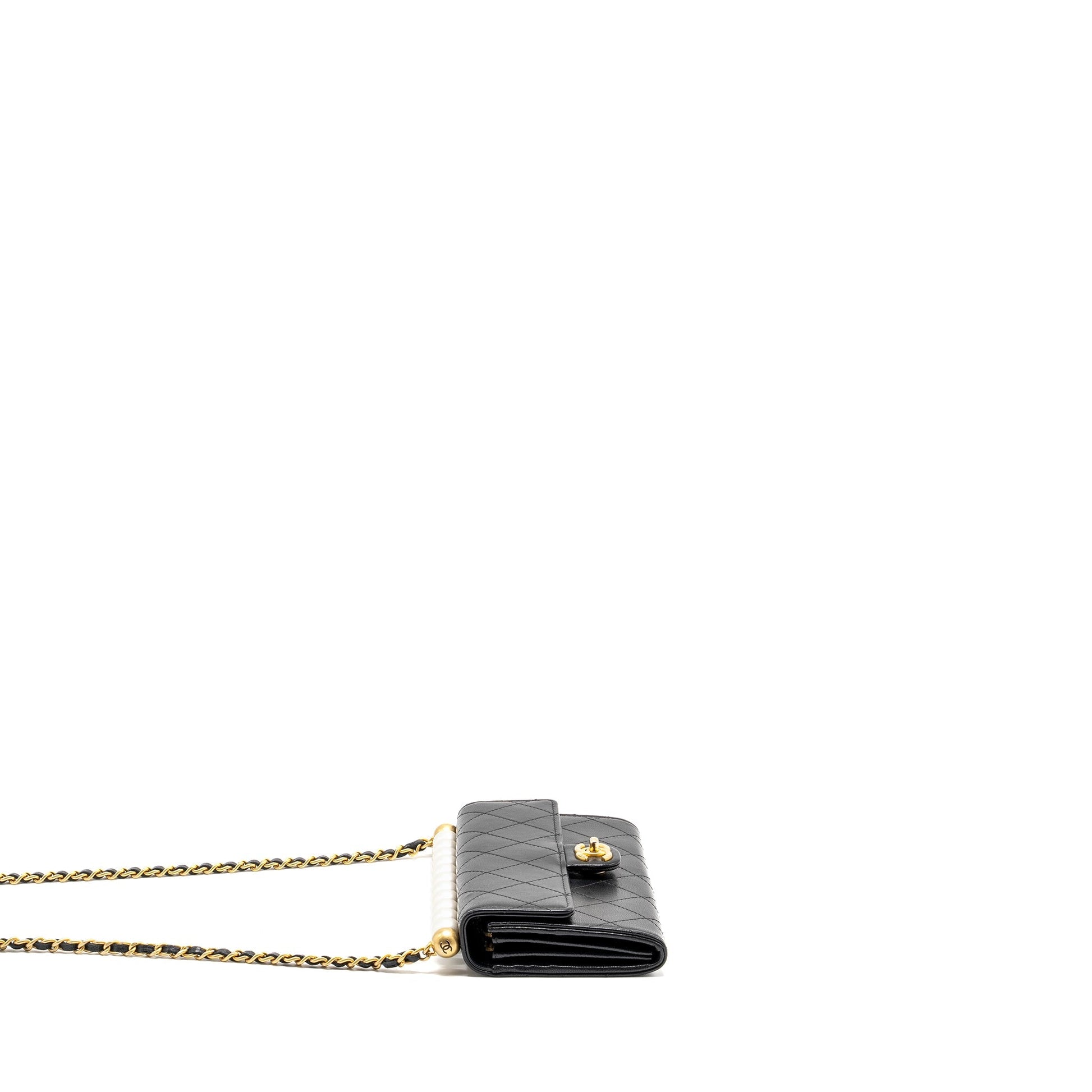 Chanel Quilted Pearl Long on Goatskin GHW Black Wallet Case