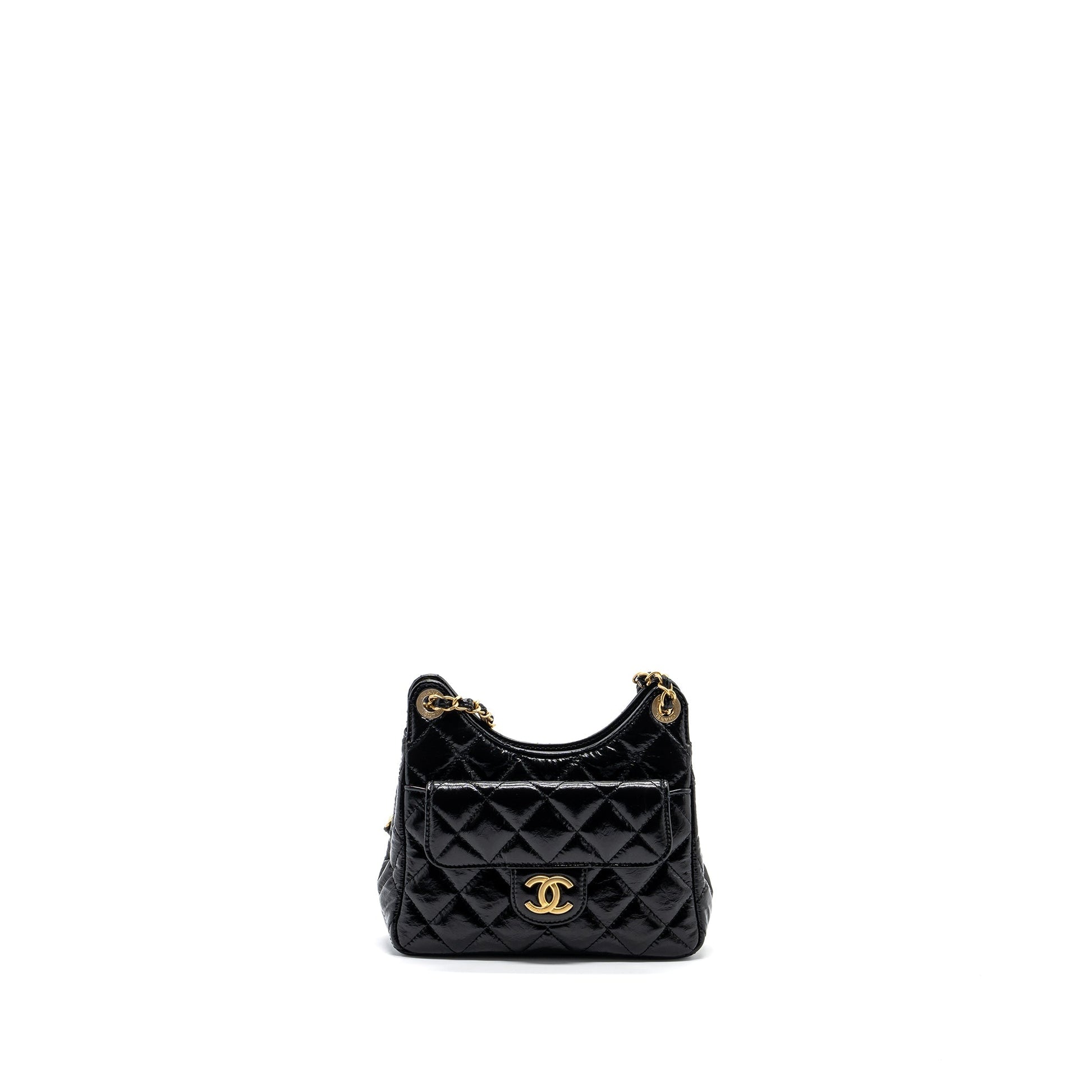 Chanel 23C HOBO Shiny Calfskin GHW Microchip Black Small Shoulder Bag