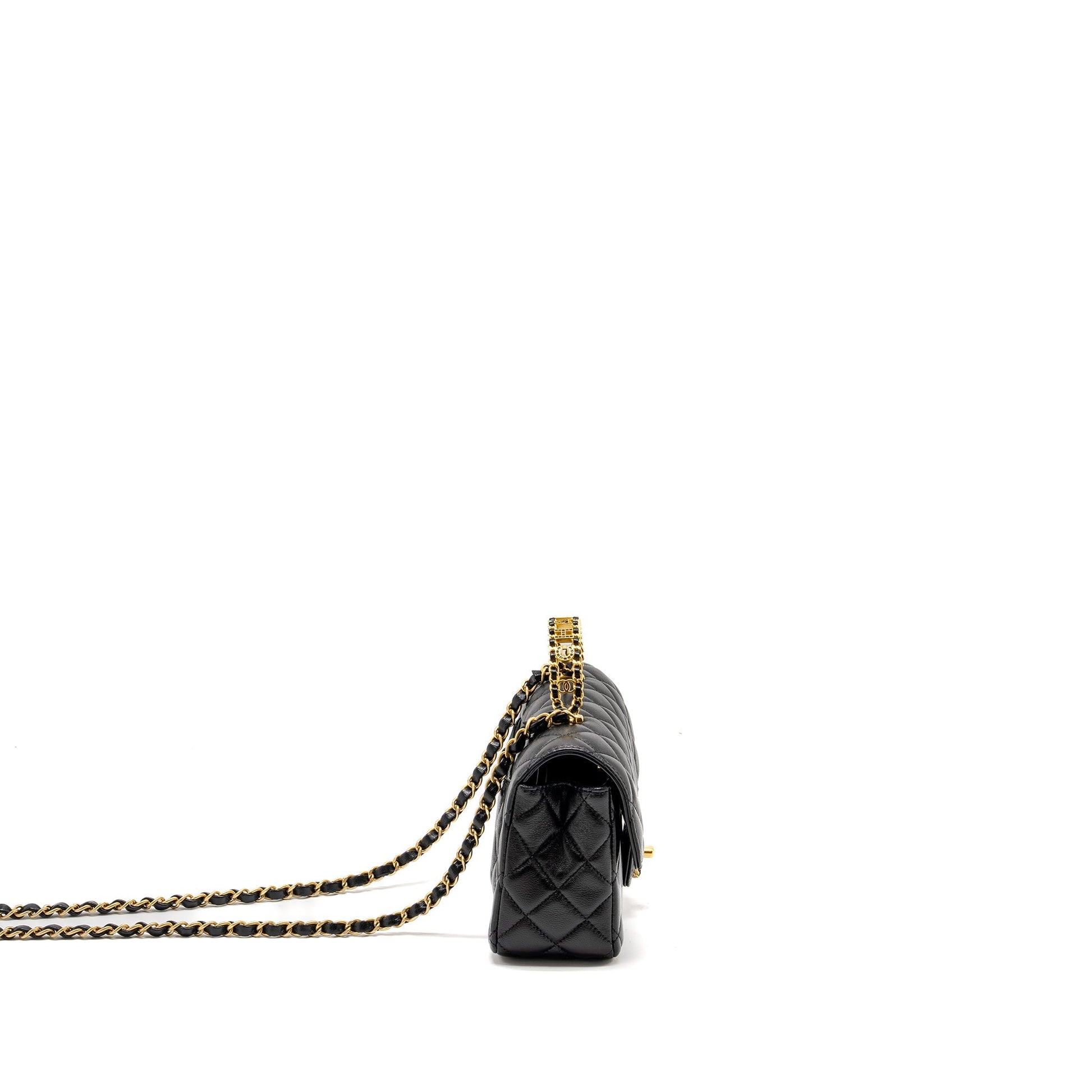 Chanel Detailed Top Handle Flap Lambskin GHW Black Shoulder Bag