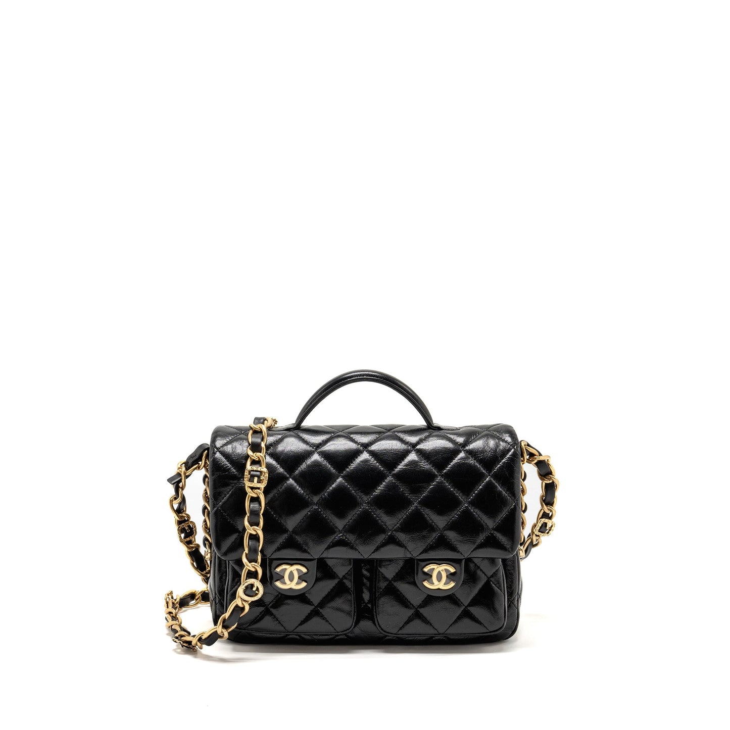 Chanel Double pocket top handle messanger shiny Black Handbag