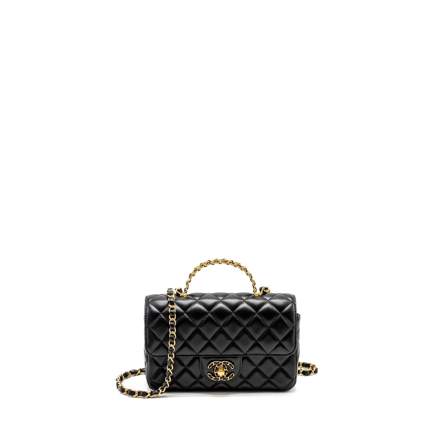 Chanel Detailed Top Handle Flap Lambskin GHW Black Shoulder Bag