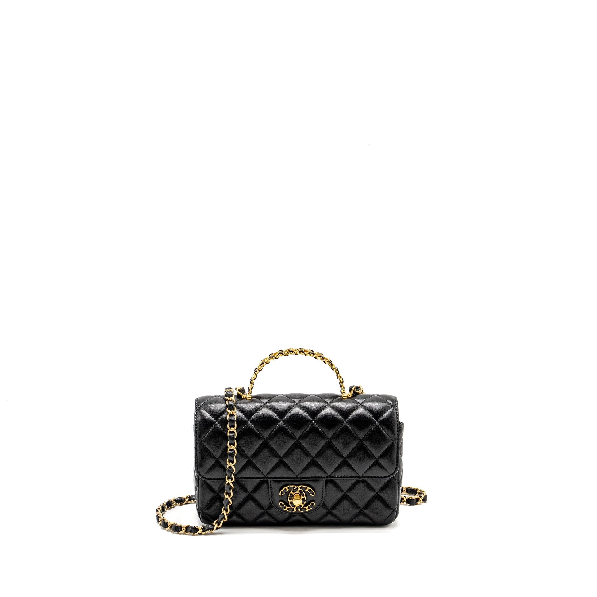 Chanel Detailed Top Handle Flap Lambskin GHW Black Shoulder Bag