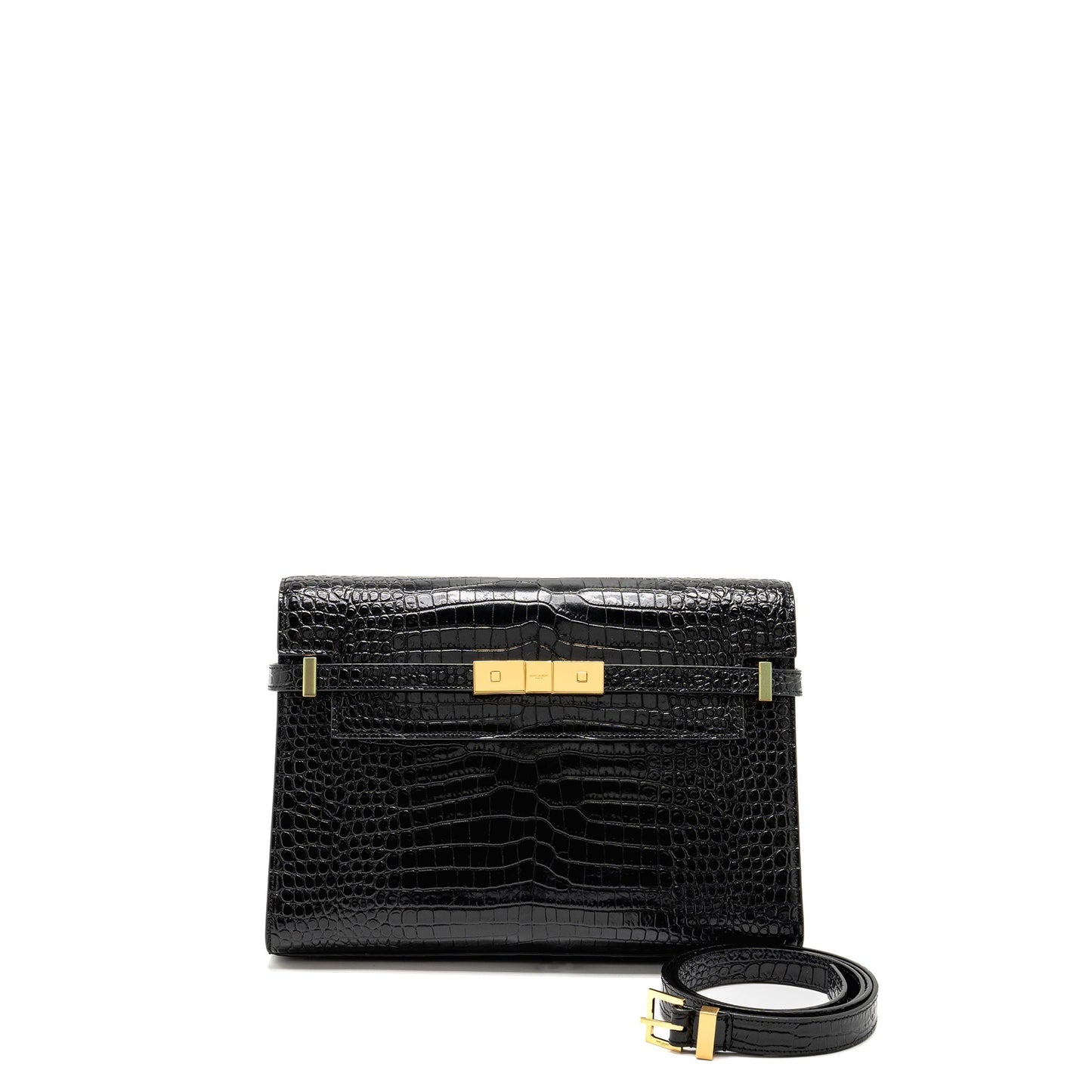 YSL Saint Laurent Saint Laurent Manhattan Purse Crocodile Embossed Calfskin Black Travel Bag
