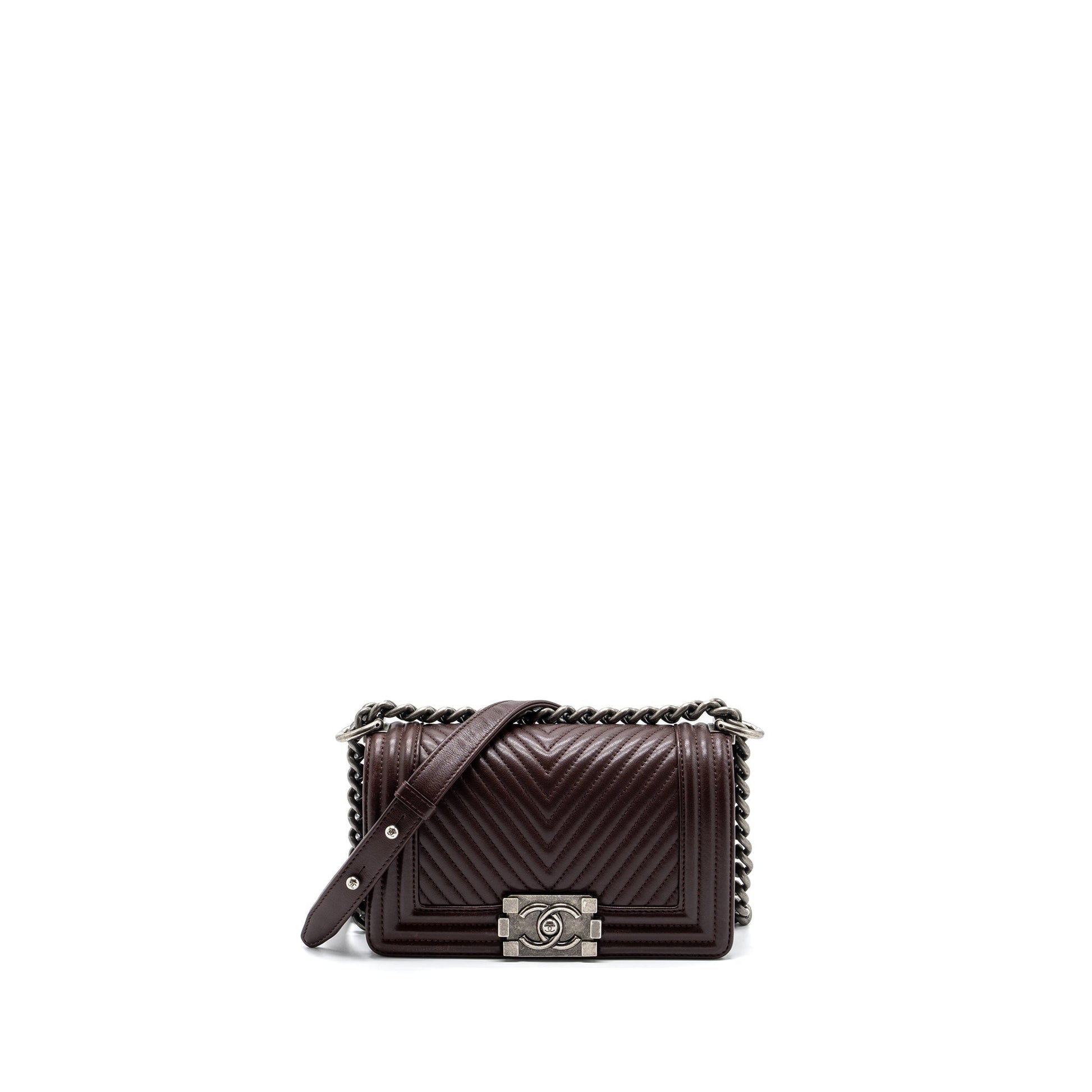 Chanel Chevron Boy Lambskin BURGUNDY HARDWARE Small Handbag