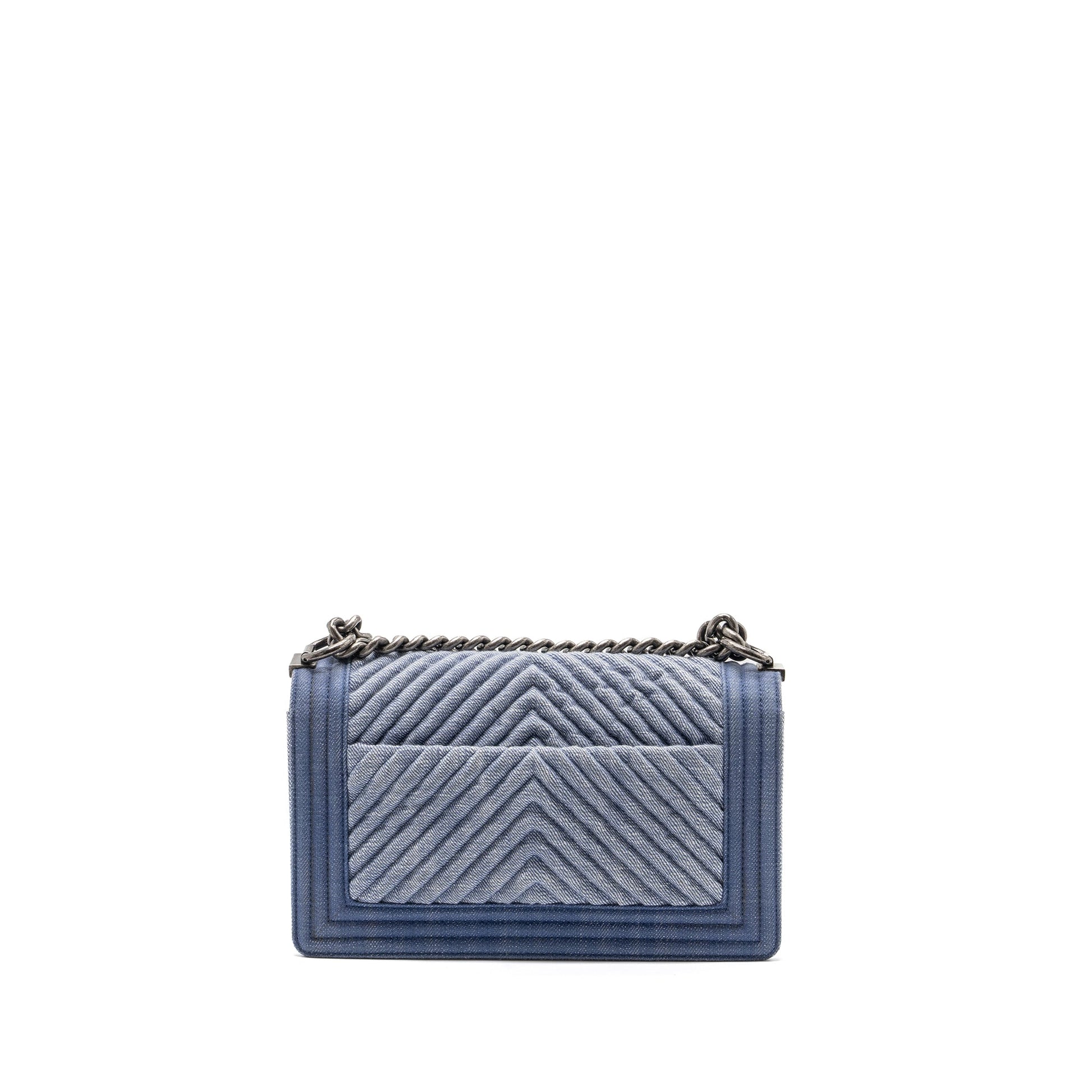 Chanel Boy Denim Ruthenium Hardware Blue Silver Handbag