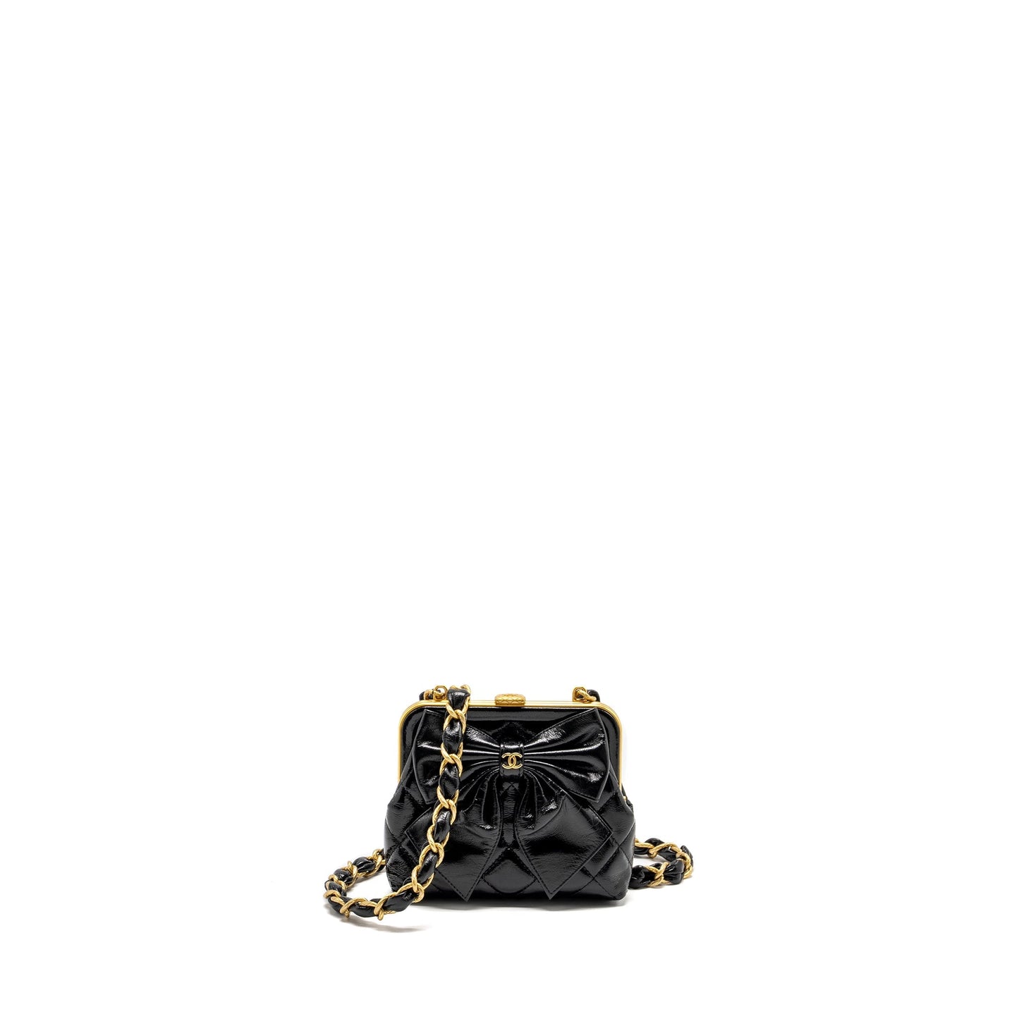 Chanel 24A Bowknot patent Crumpled Lambskin Shiny Black Clutch Bag