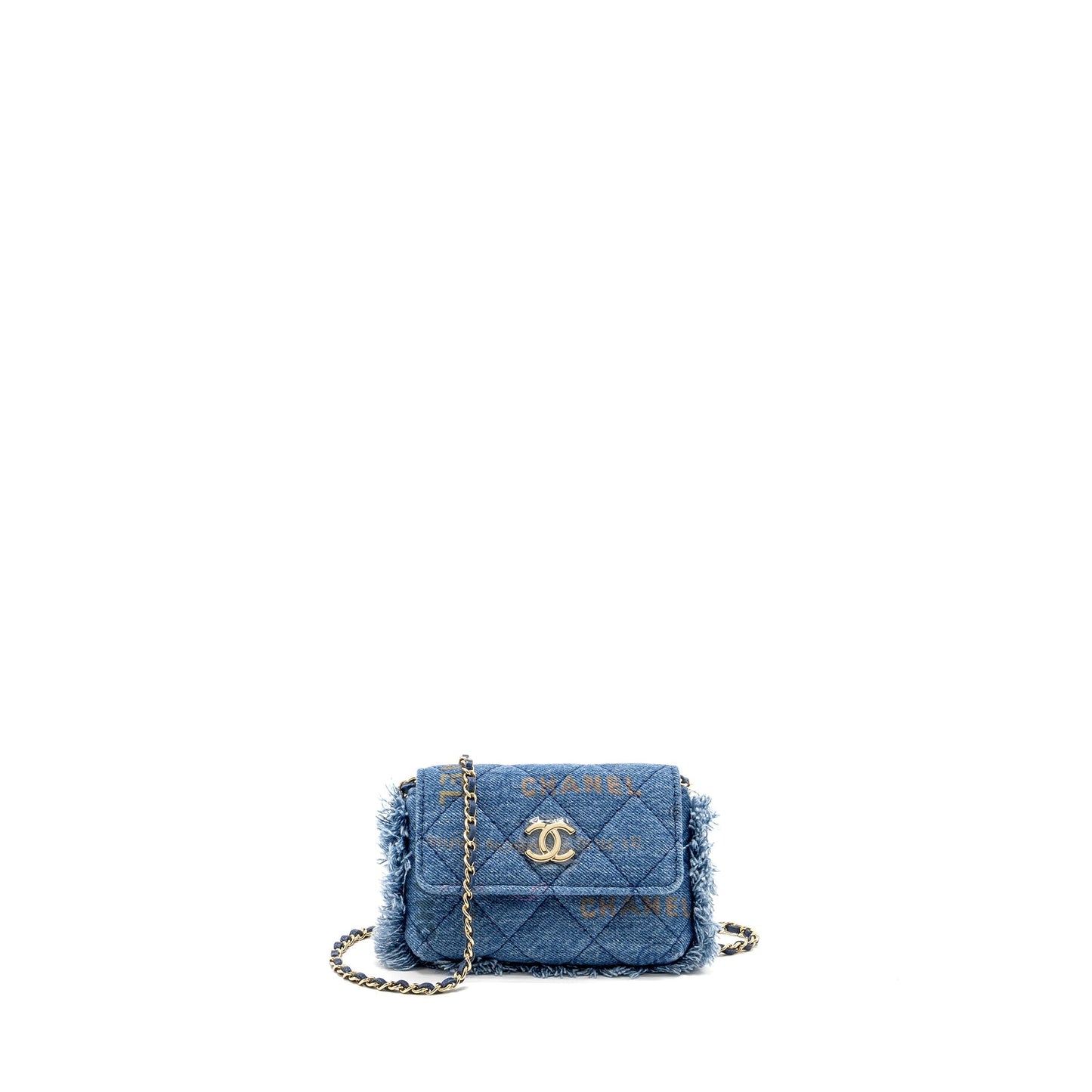 Chanel 22p Logo Printed Denim LGHW Multicolour Blue Clutch Bag