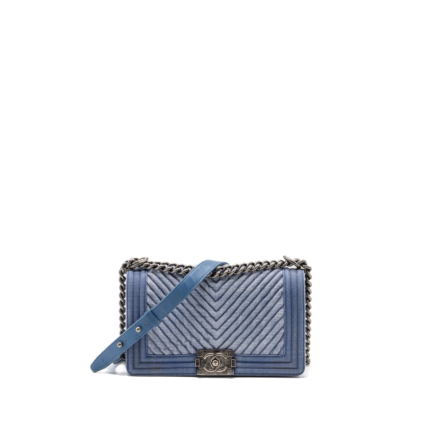 Chanel Boy Denim Ruthenium Hardware Blue Silver Handbag