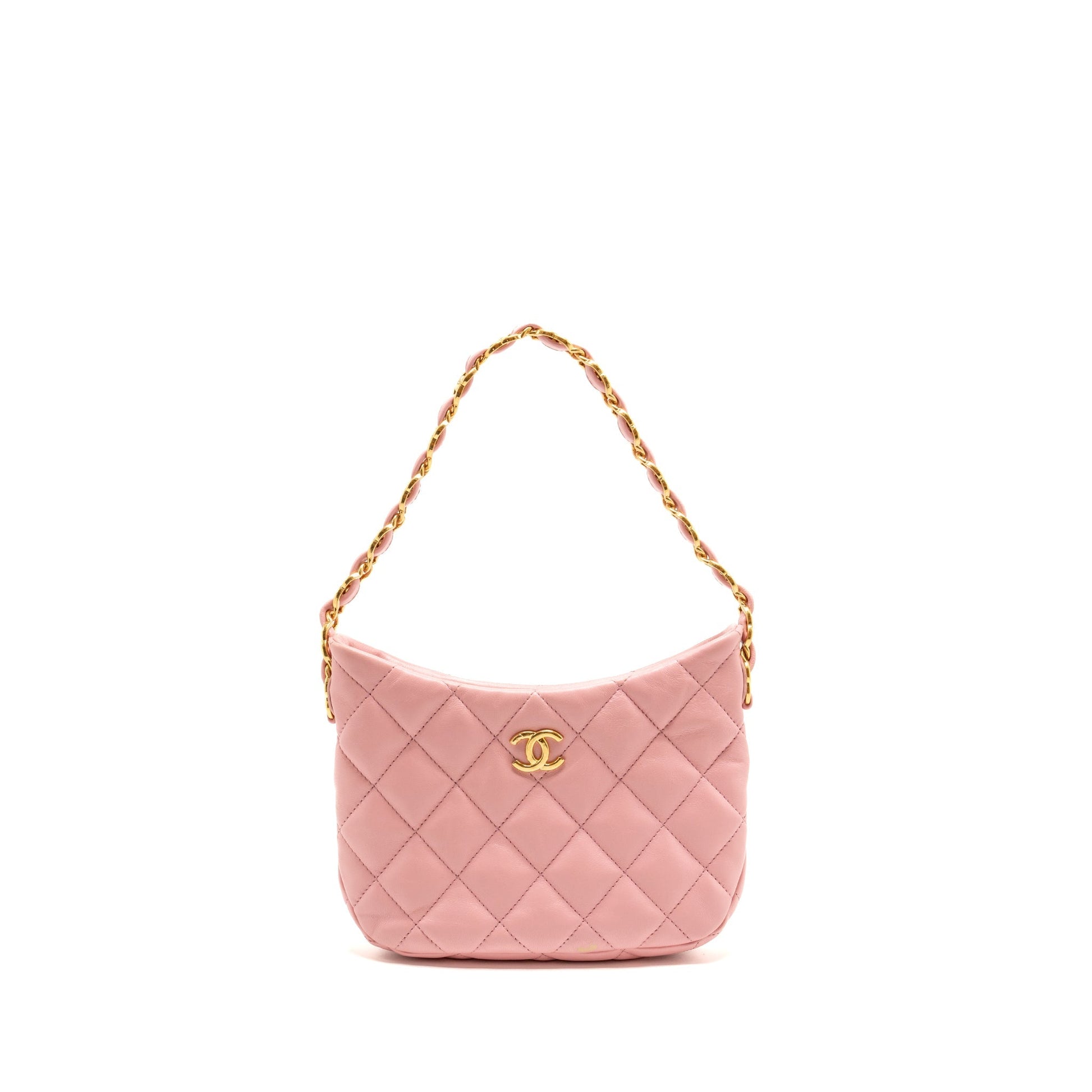 Chanel 22k Hobo Logo Lambskin GHW microchip Pink Shoulder Bag Ghw Microchip