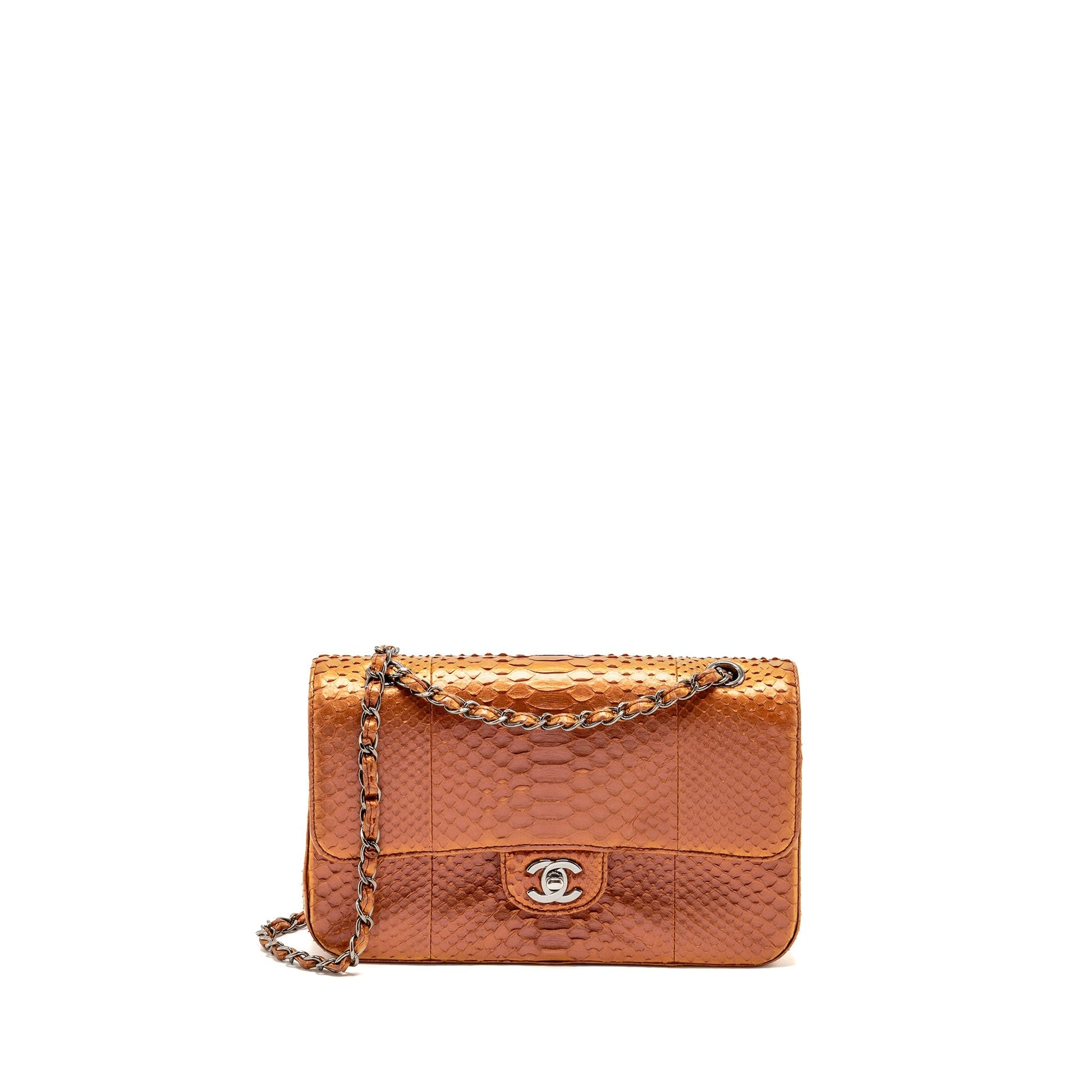 Chanel Classic double flap python SHW Orange Leather Shoulder Bag