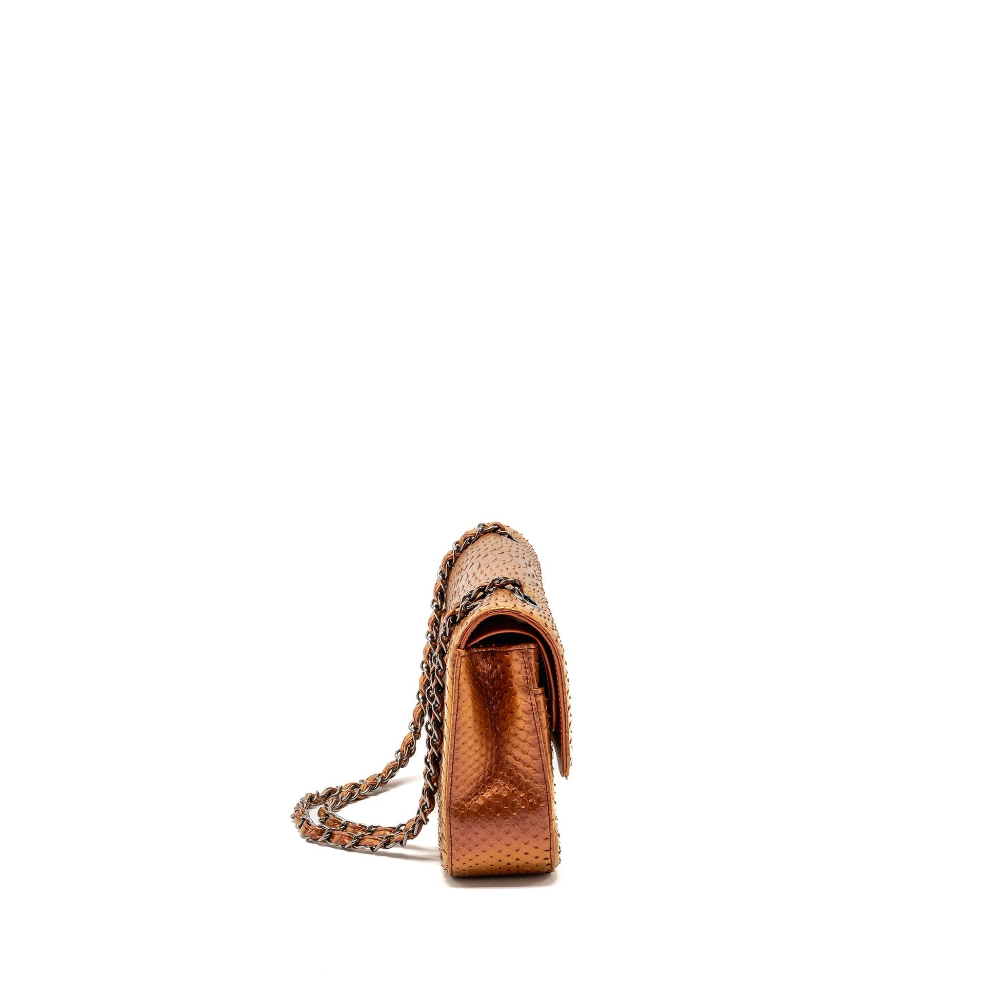 Chanel Classic double flap python SHW Orange Leather Shoulder Bag