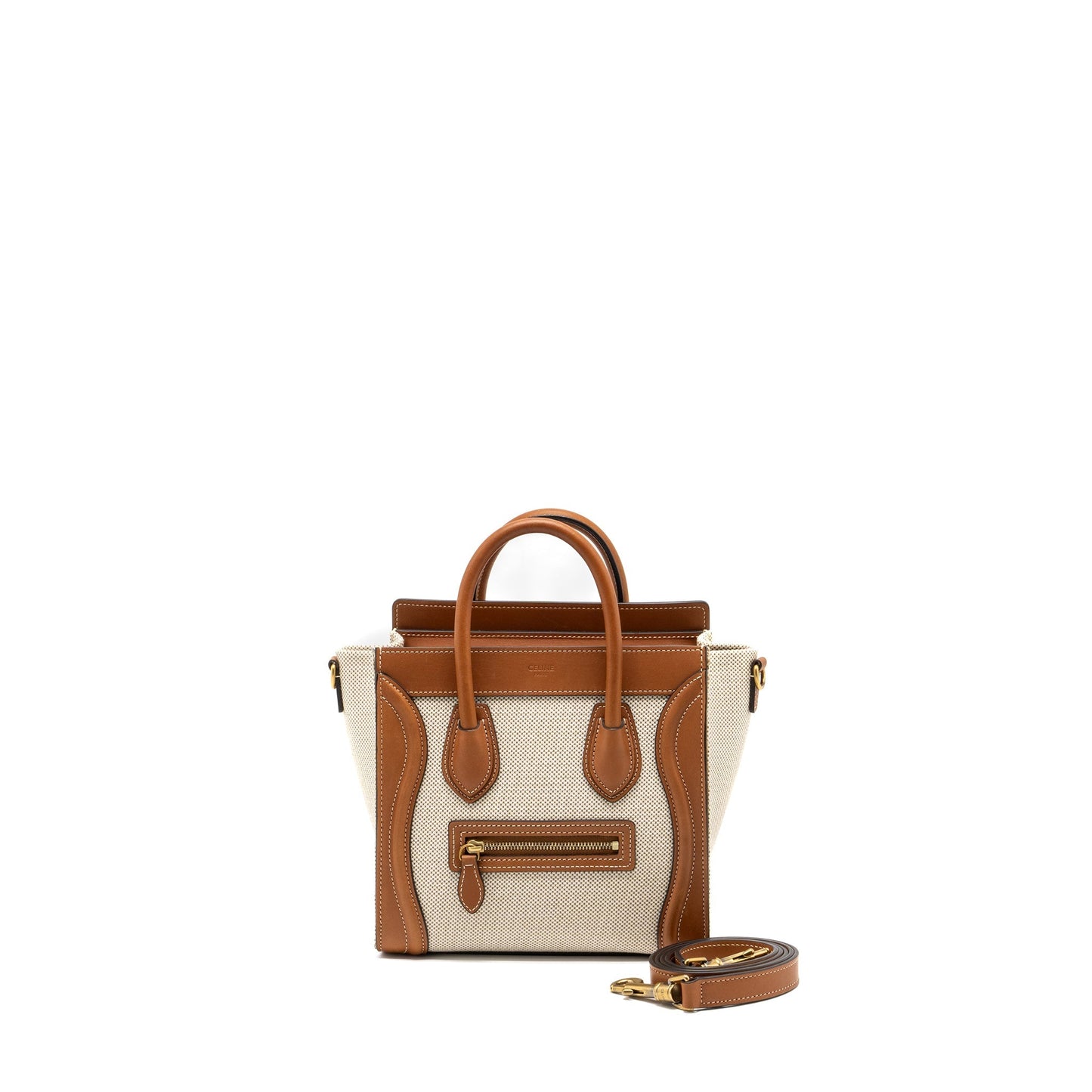 Celine Nano Luggage Purse Tan Handbag Leather Canvas Travel Bag