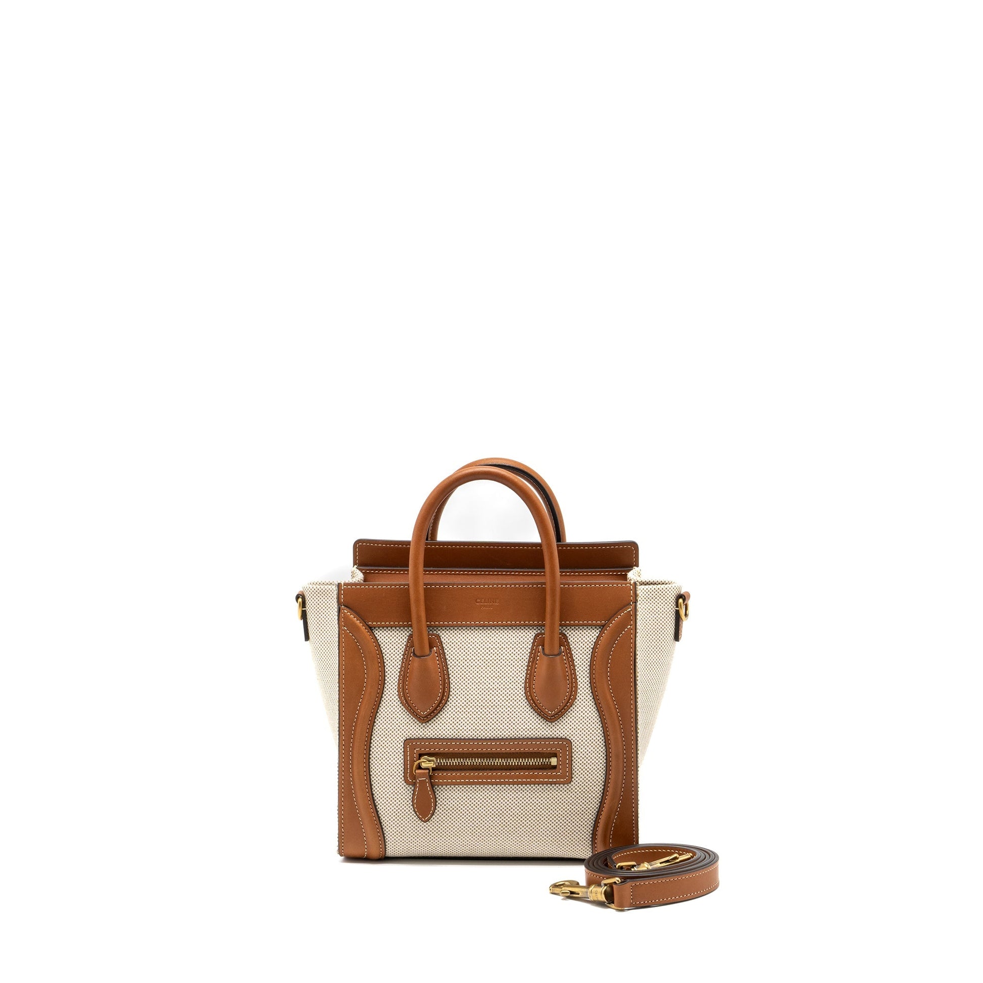 Celine Nano Luggage Purse Tan Handbag Leather Canvas Travel Bag
