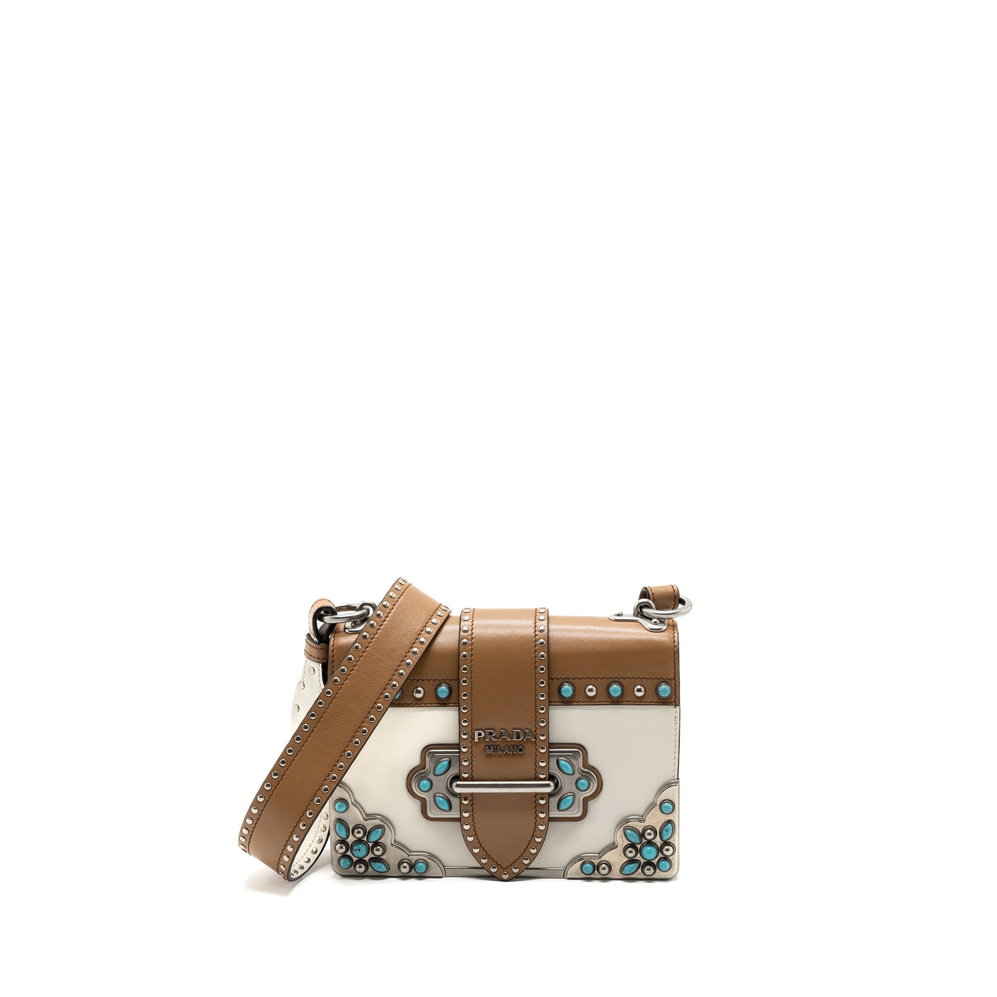 Prada Cahier Embellished Two Tone Purse Caramel Handbag Leather White Travel Bag