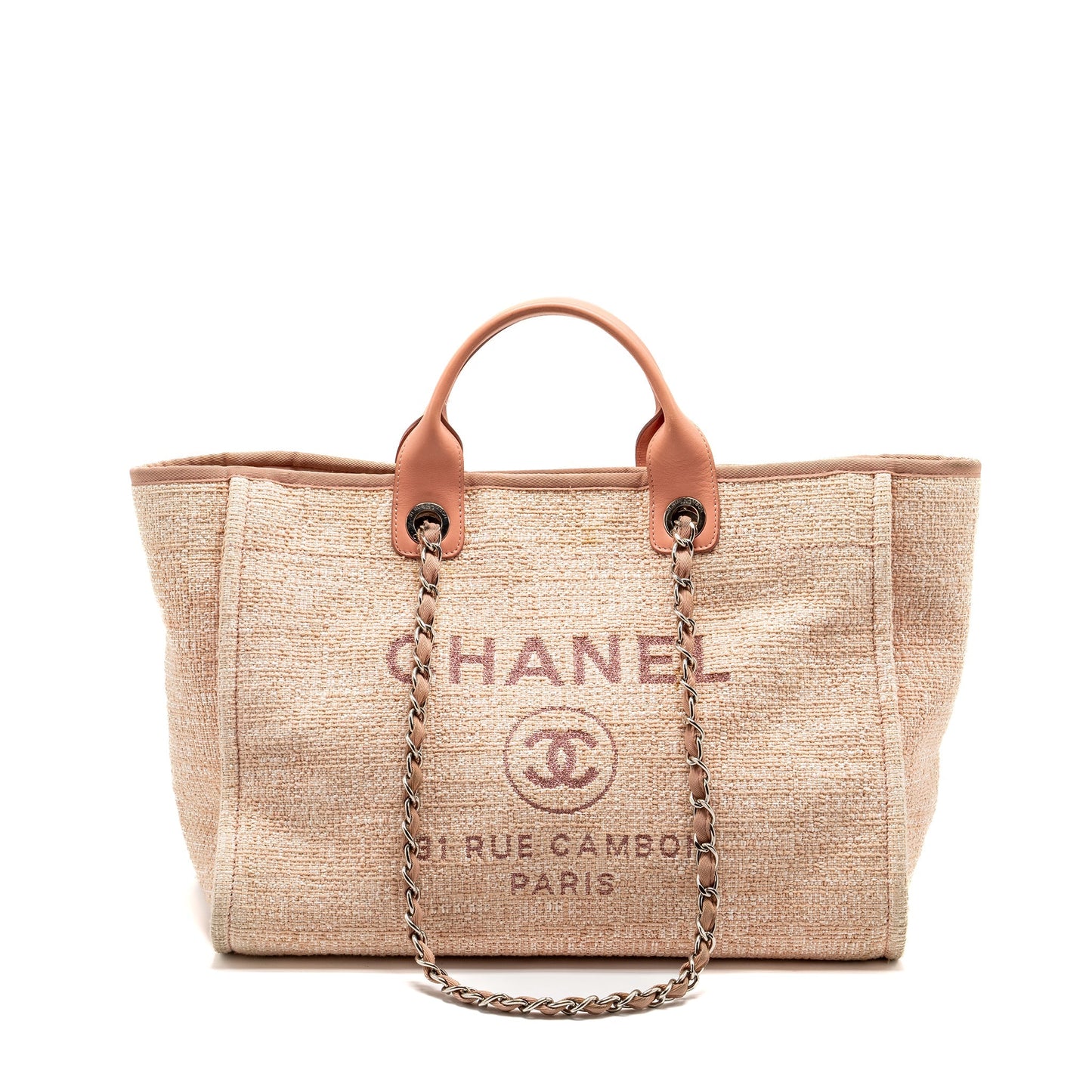 Chanel Deauville Calfskin SHW Pink Canvas Leather Tote Bag
