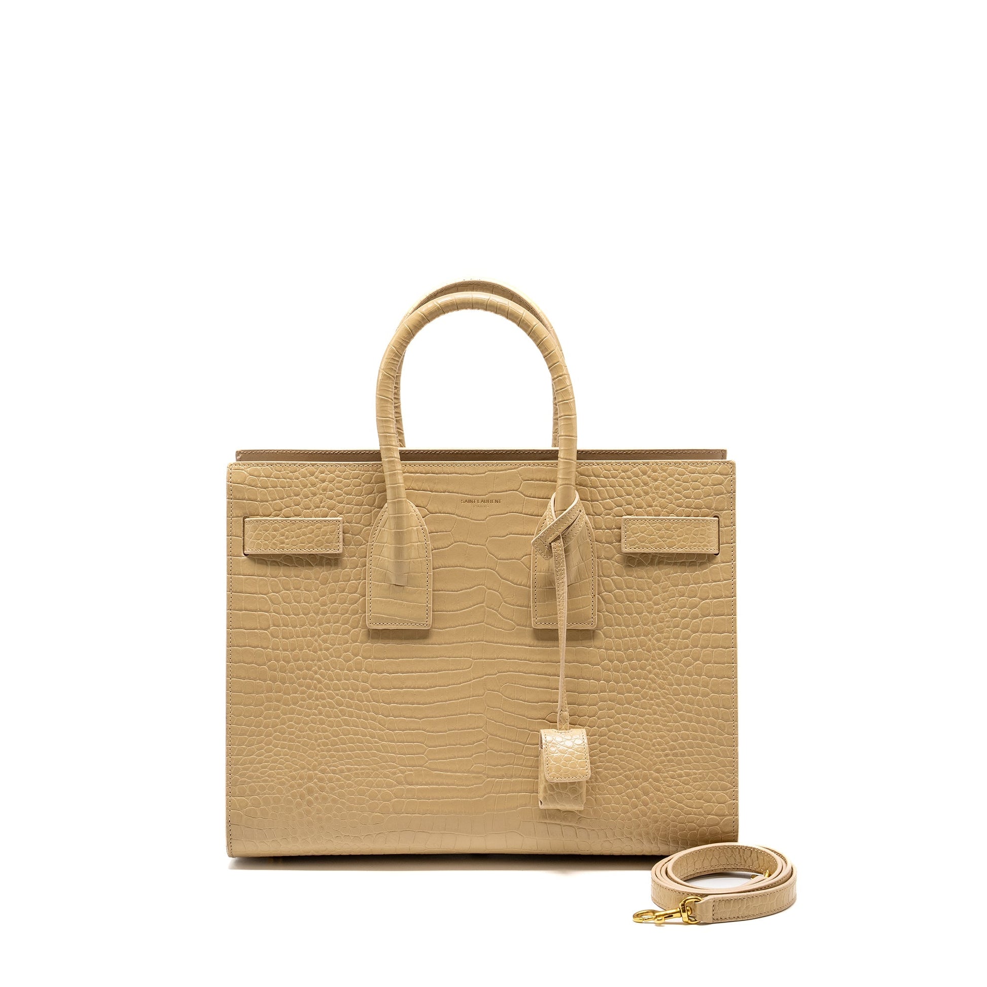 YSL Saint Laurent Sac De Jour Crocodile Embossed Calfskin Travel Beige Travel Bag