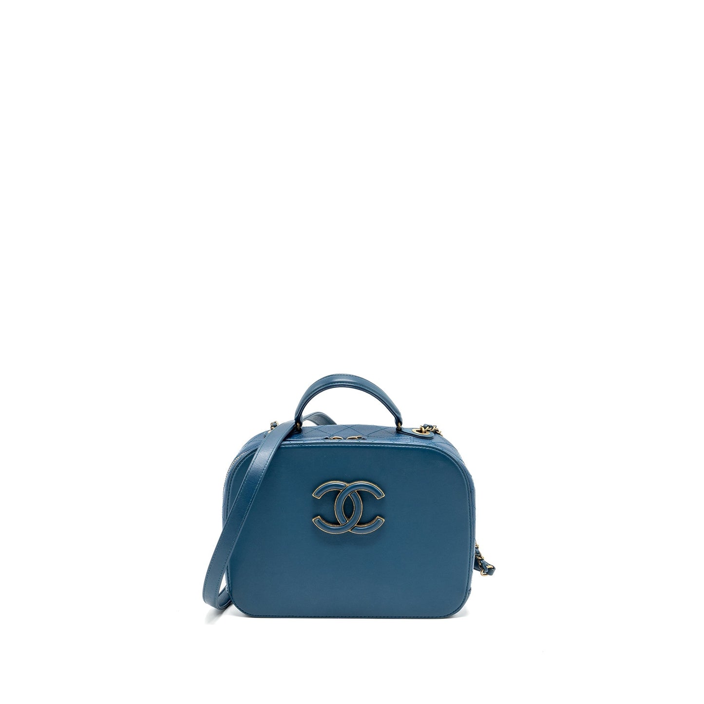 Chanel top handle zip vanity GHW Blue Leather Handbag