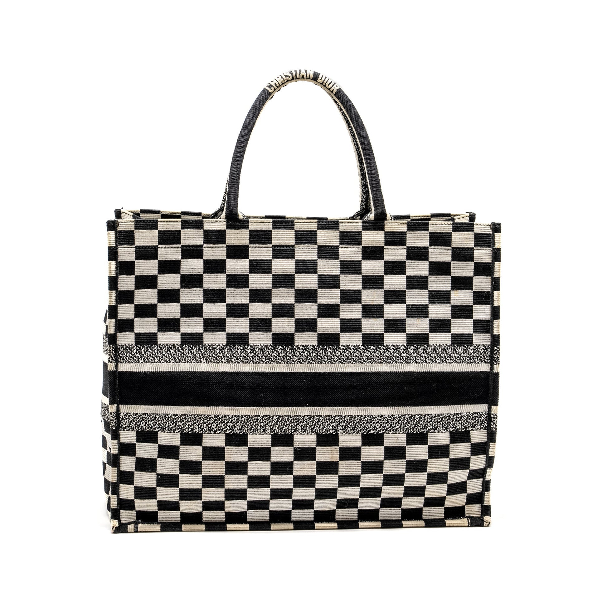 Dior Large Book Tote Checkered Embroidered Handbag Canvas Black Tote Bag