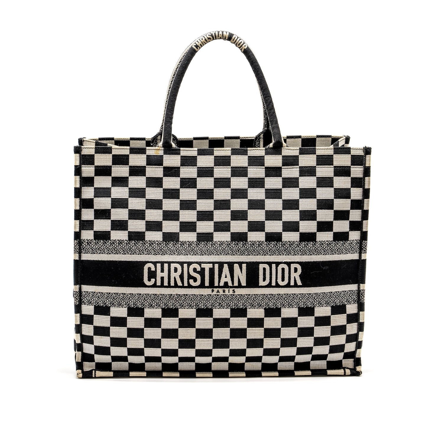 Dior Large Book Tote Checkered Embroidered Handbag Canvas Black Tote Bag