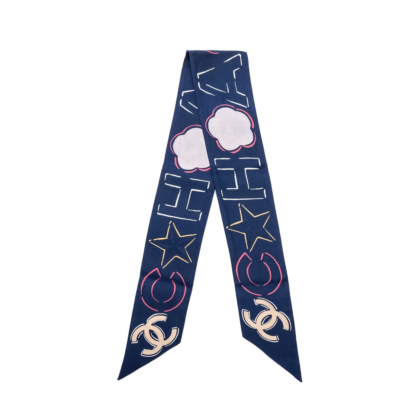 Chanel CC Logo Flower Print Twilly Navy Multicolour Scarf