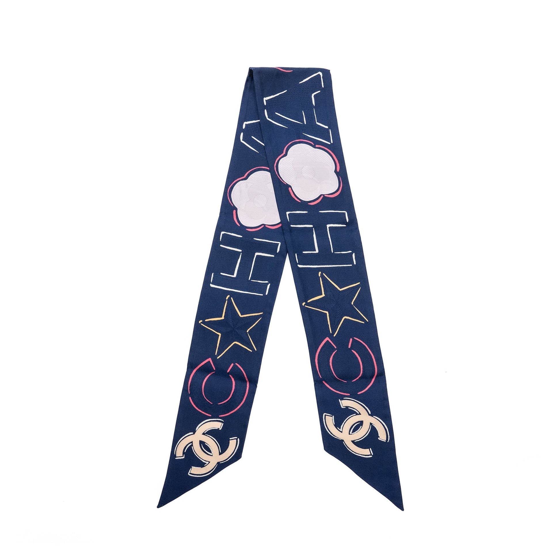 Chanel CC Logo Flower Print Twilly Navy Multicolour Scarf