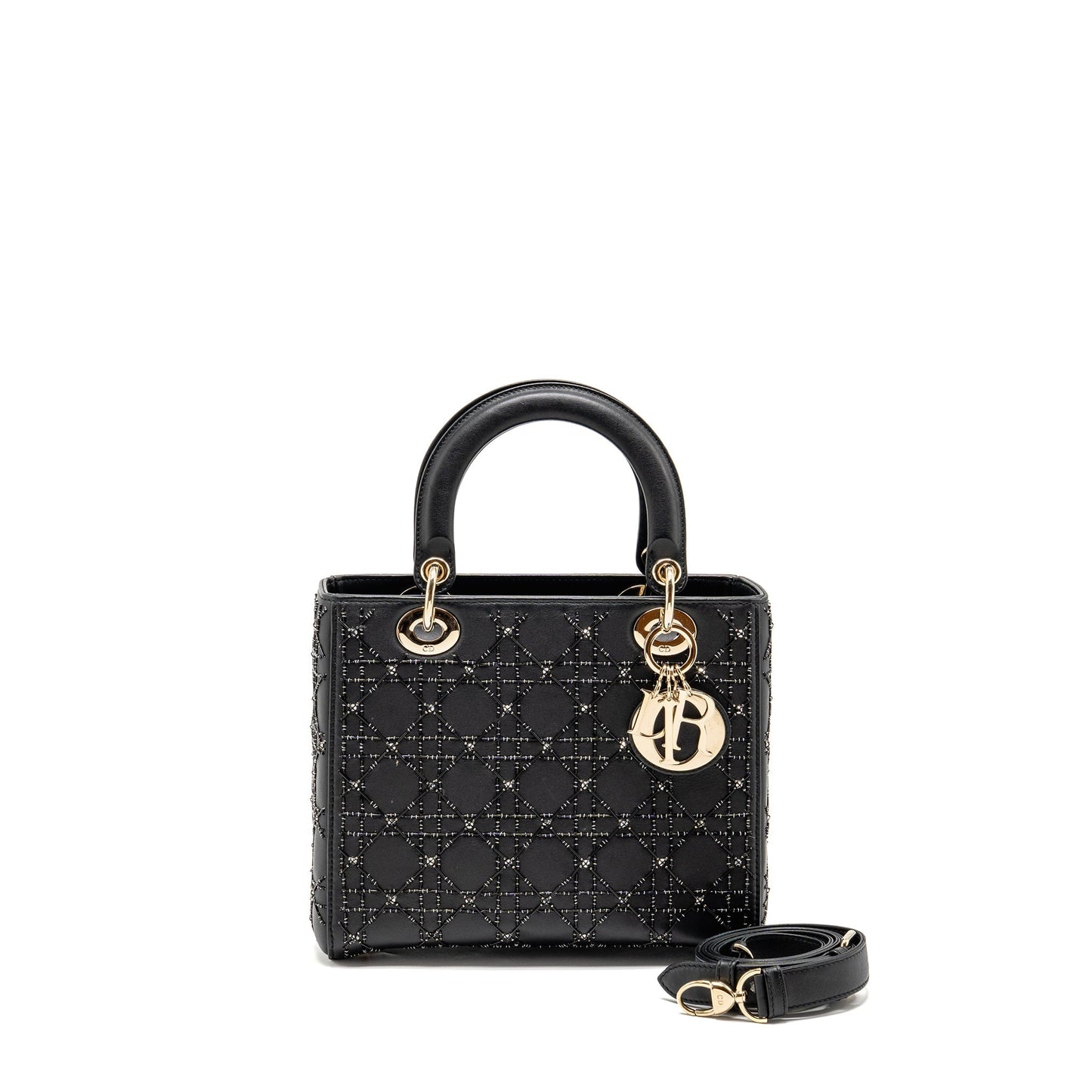 Dior Lady Embellished Cannage Limited Edition Calfskin Handbag Black Medium Travel Bag