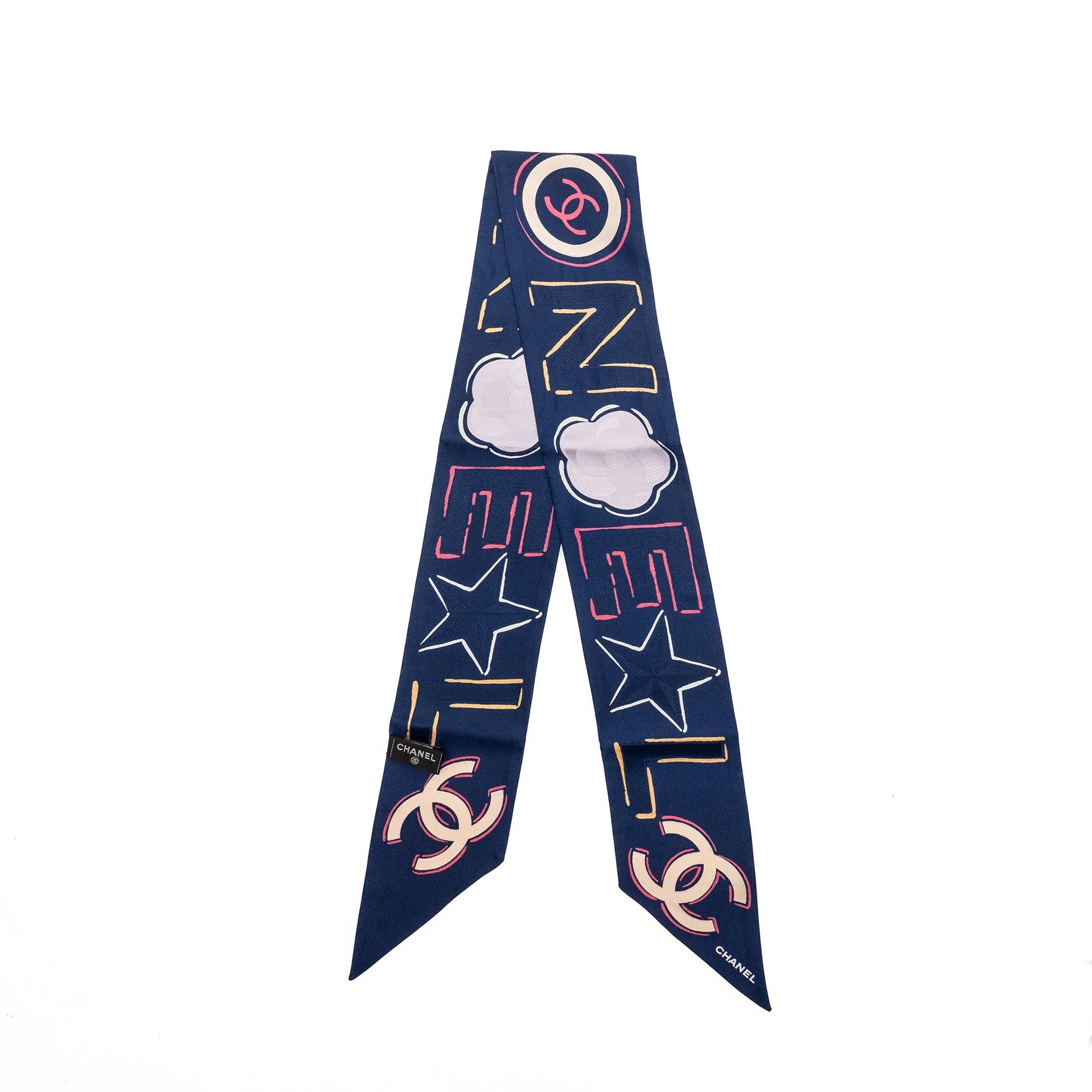 Chanel CC Logo Flower Print Twilly Navy Multicolour Scarf