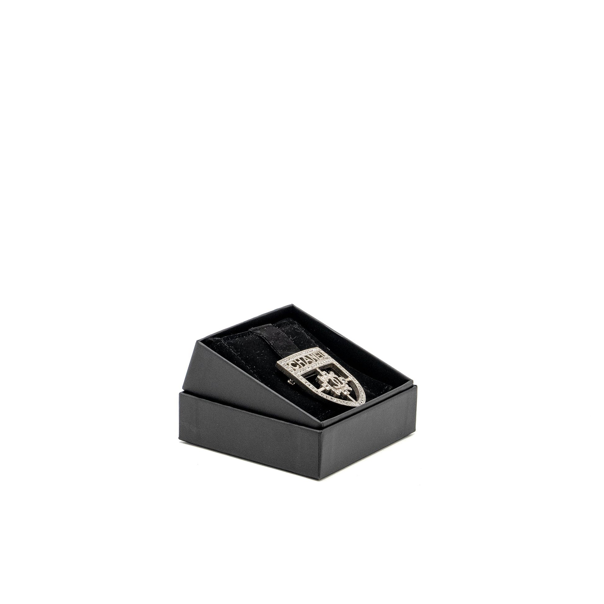 Chanel Shield Brooch Crystal Tone Silver Handbag Silver Tone